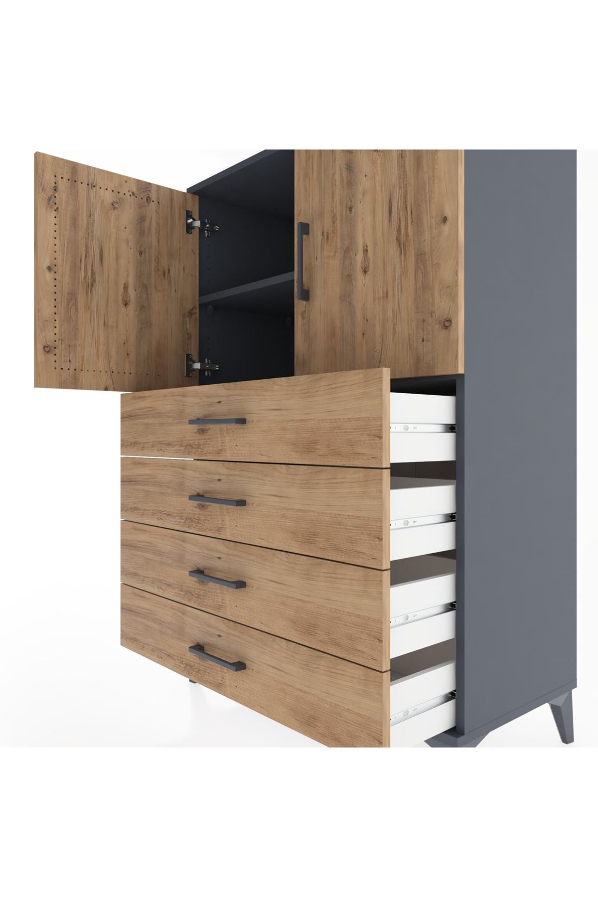 Hyperion Dolap 2 Raflı 4 Çekmeceli 2 Kapaklı 88x44x134 Antrasit-Çam