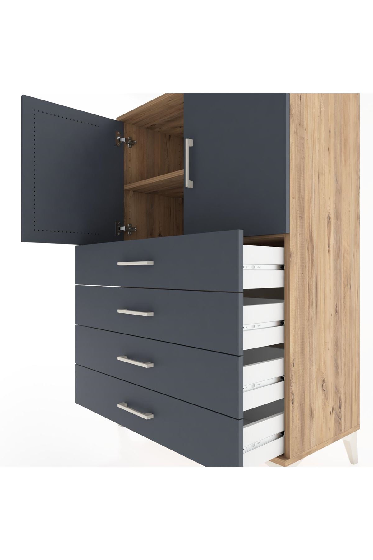 Hyperion Dolap 2 Raflı 4 Çekmeceli 2 Kapaklı 88x44x134 Çam-Antrasit
