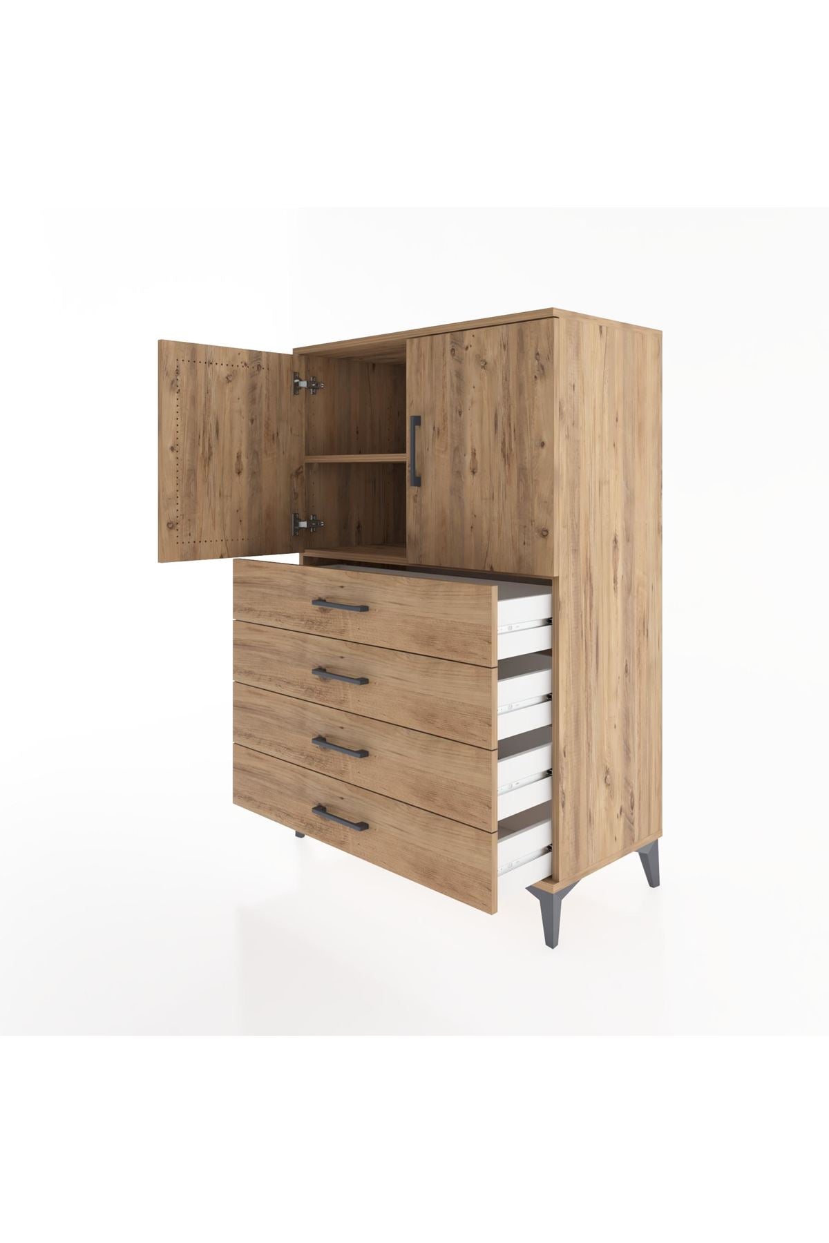 Hyperion Dolap 2 Raflı 4 Çekmeceli 2 Kapaklı 88x44x134 Çam-Çam