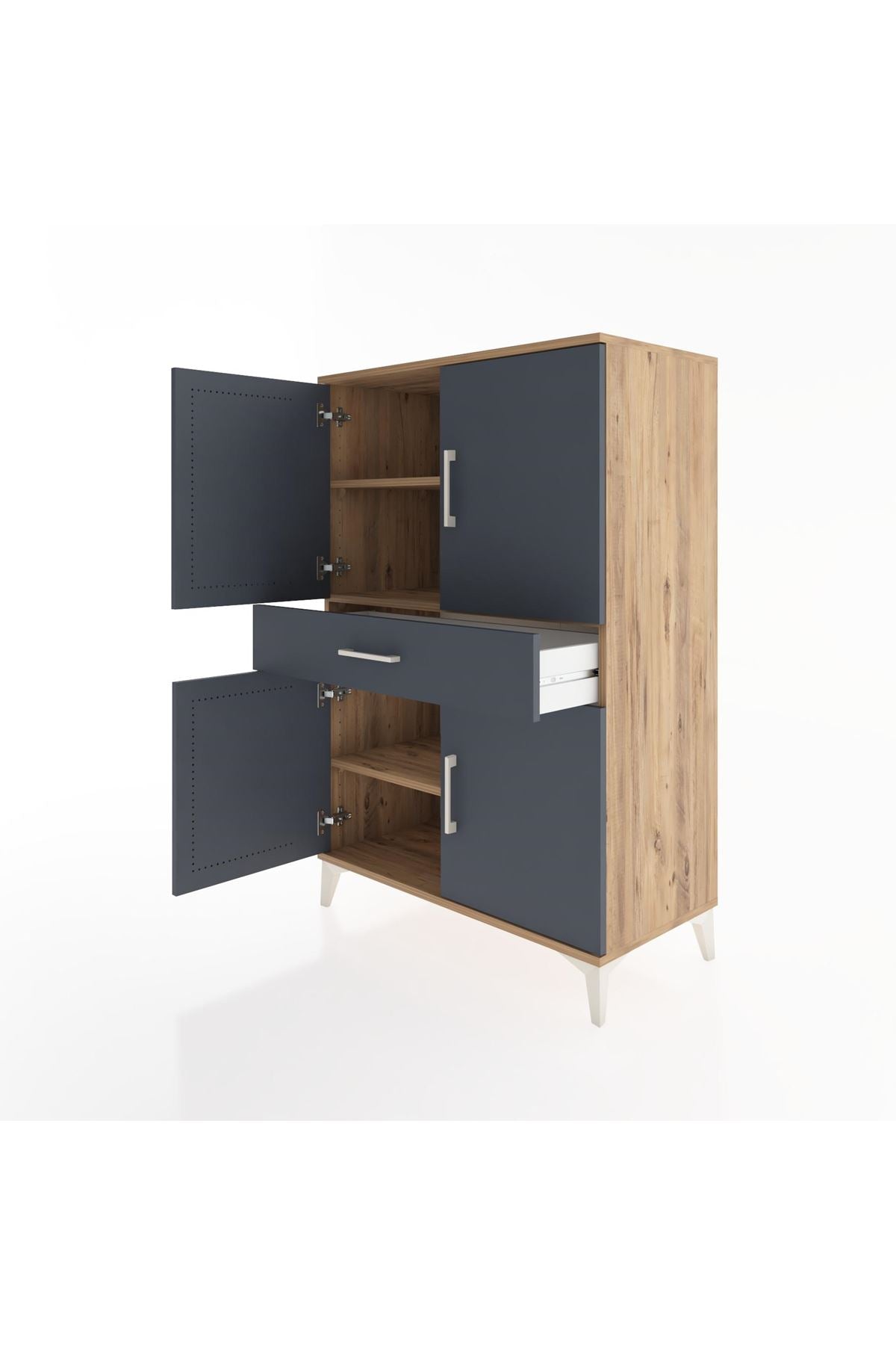 Hyperion Dolap 3 Raflı Tek Çekmeceli 4 Kapaklı 88x44x134 Çam-Antrasit