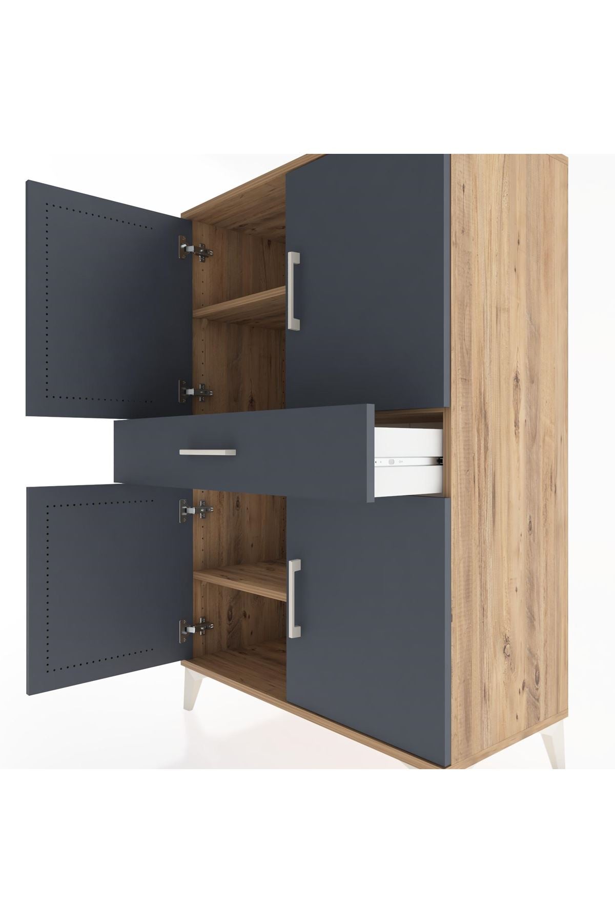 Hyperion Dolap 3 Raflı Tek Çekmeceli 4 Kapaklı 88x44x134 Çam-Antrasit