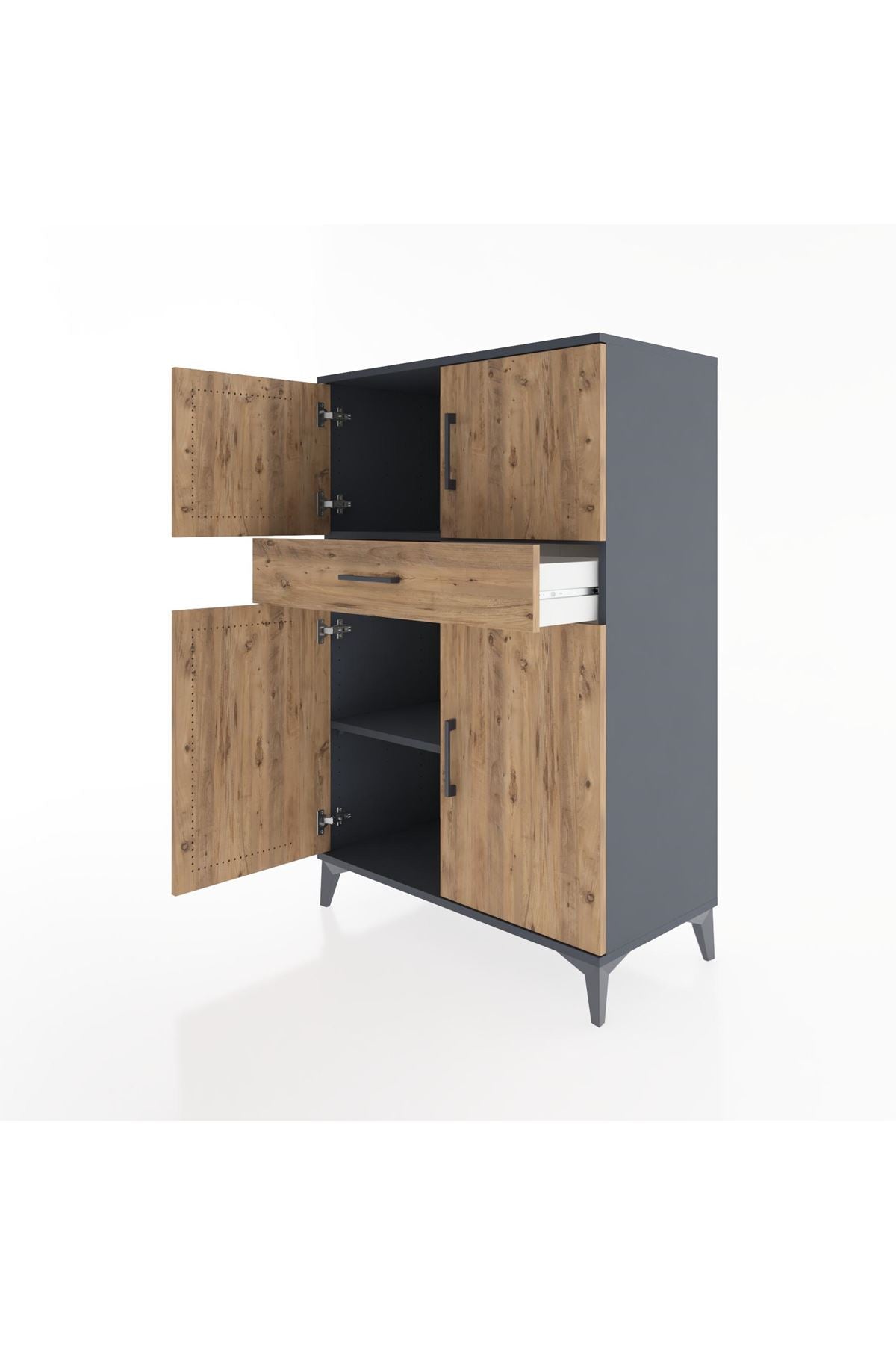 Hyperion Dolap 2 Raflı Tek Çekmeceli 4 Kapaklı 88x44x134 Antrasit-Çam