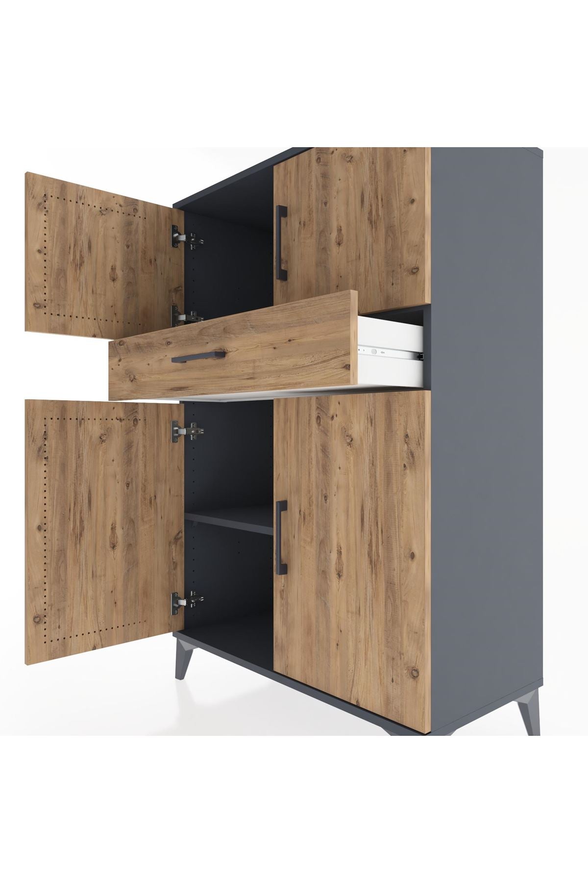 Hyperion Dolap 2 Raflı Tek Çekmeceli 4 Kapaklı 88x44x134 Antrasit-Çam