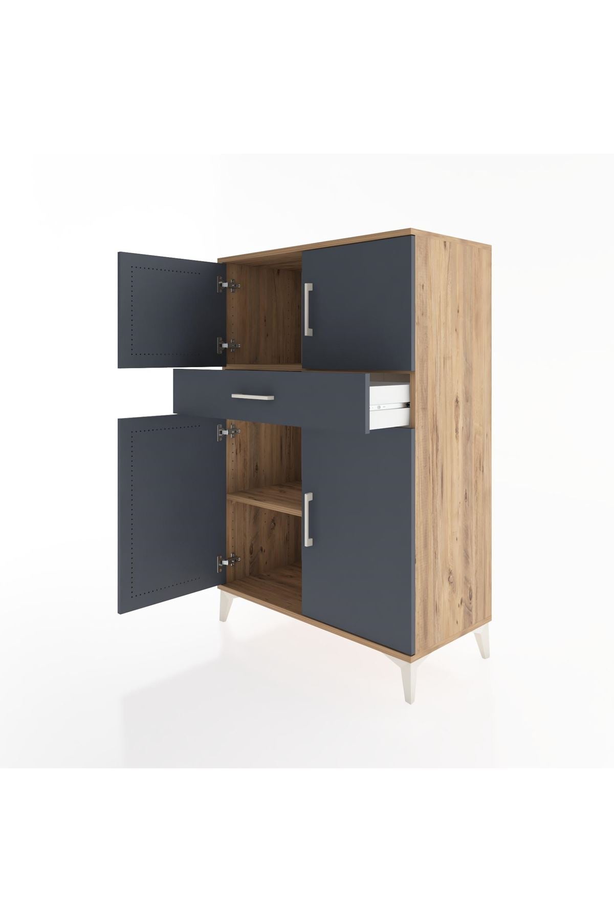 Hyperion Dolap 2 Raflı Tek Çekmeceli 4 Kapaklı 88x44x134 Çam-Antrasit