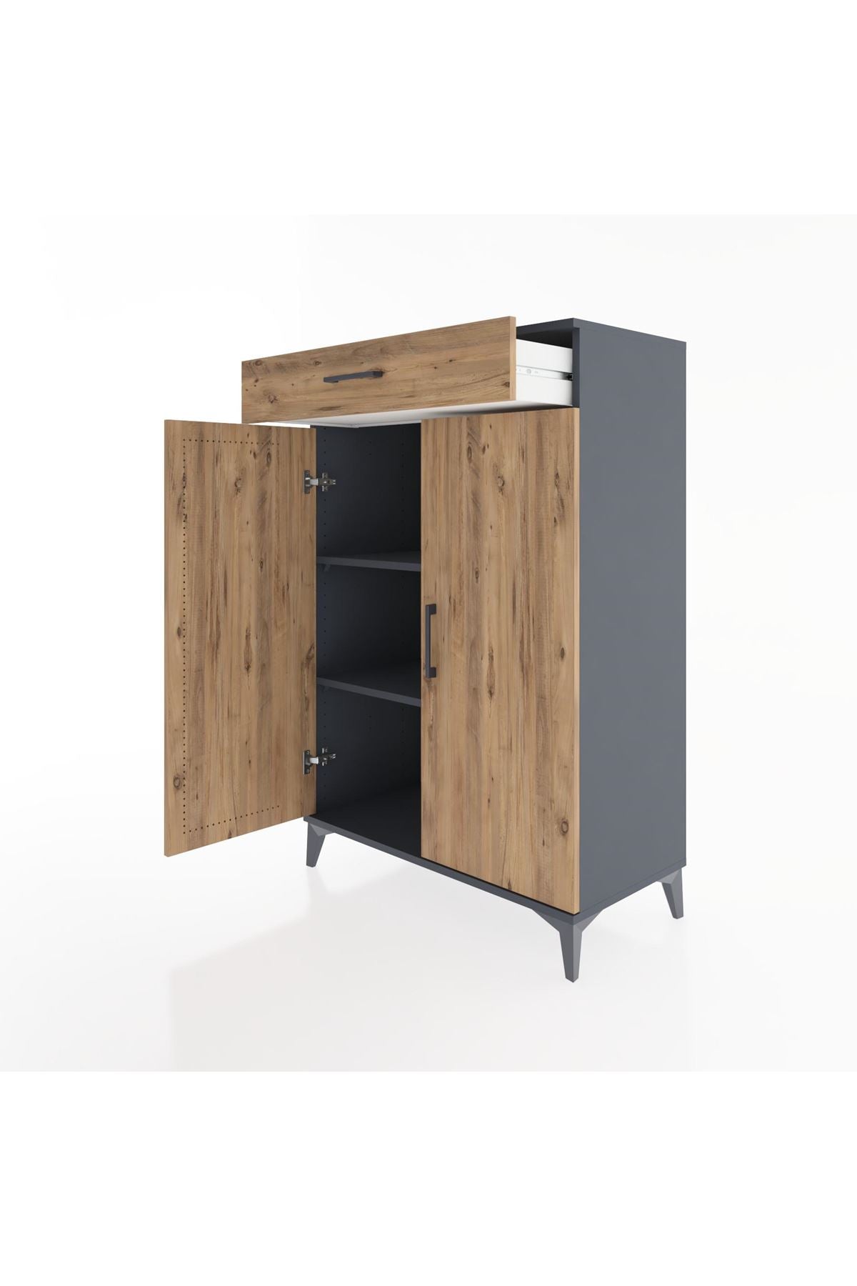 Hyperion Dolap 2 Raflı Tek Çekmeceli 2 Kapaklı 88x44x134 Antrasit-Çam