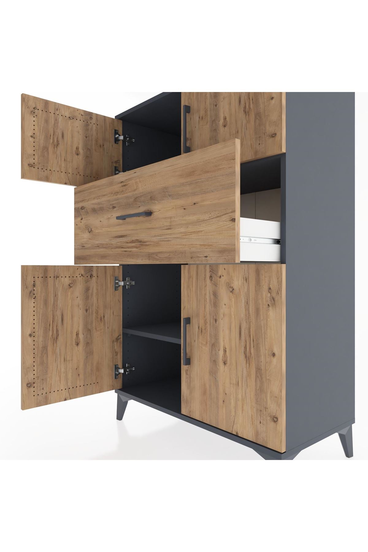 Hyperion Dolap 2 Raflı Tek Çekmeceli 4 Kapaklı 88x44x134 Antrasit-Çam