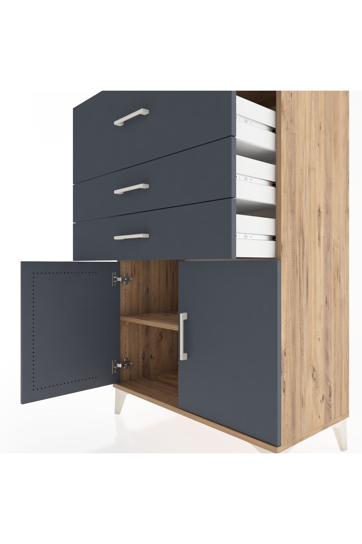 Hyperion Dolap Tek Raflı 3 Çekmeceli 2 Kapaklı 88x44x134 Çam-Antrasit