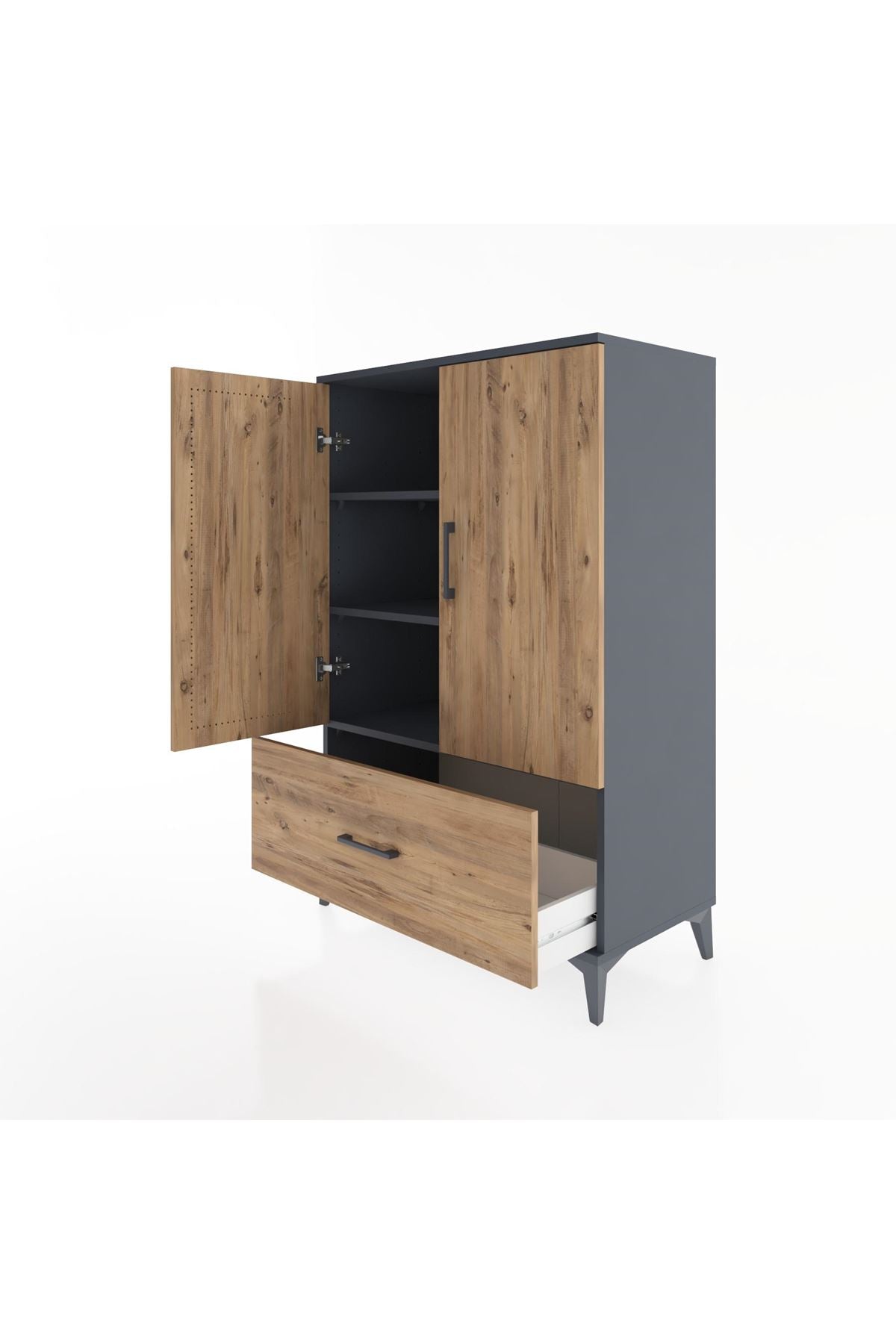 Hyperion Dolap 3 Raflı Tek Çekmeceli 2 Kapaklı 88x44x134 Antrasit-Çam