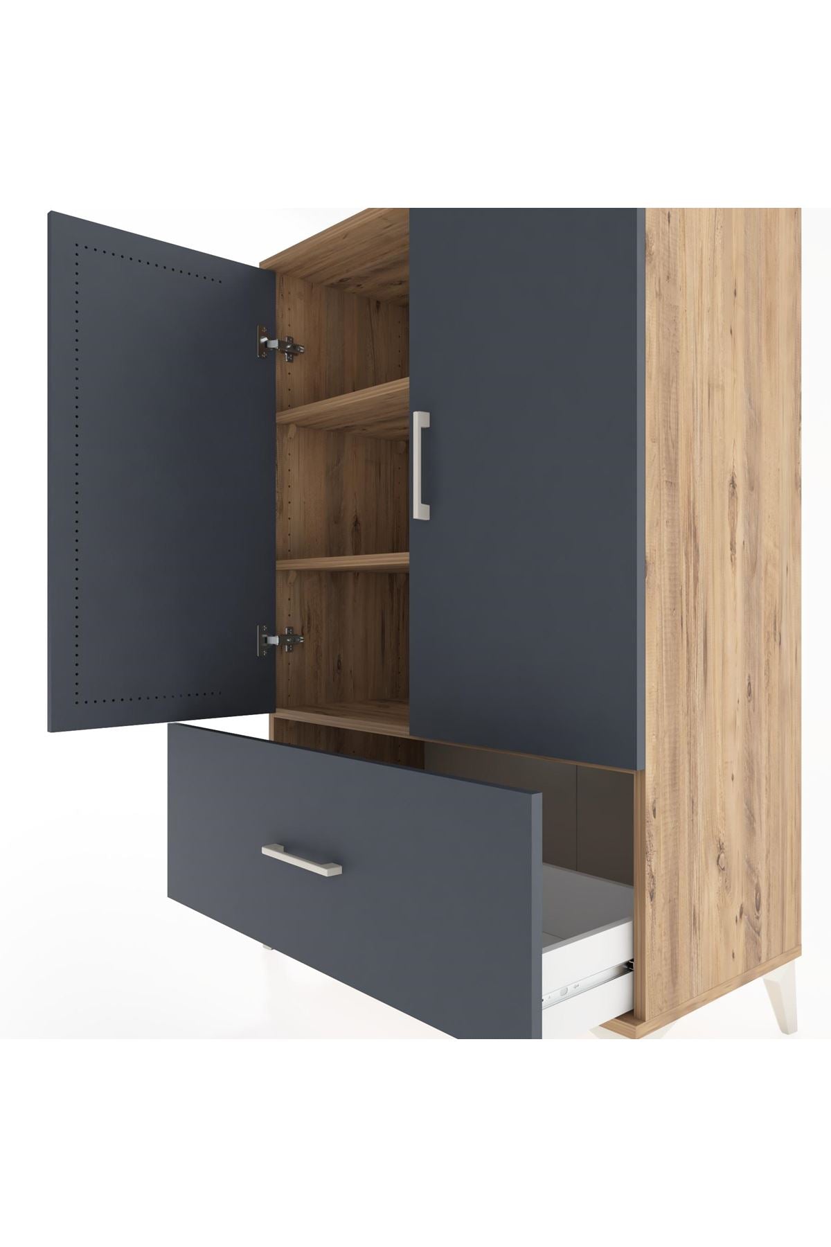 Hyperion Dolap 3 Raflı Tek Çekmeceli 2 Kapaklı 88x44x134 Çam-Antrasit