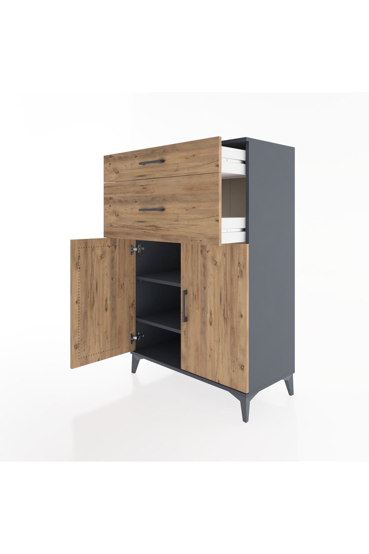 Hyperion Dolap 2 Raflı 2 Çekmeceli 2 Kapaklı 88x44x134 Antrasit-Çam
