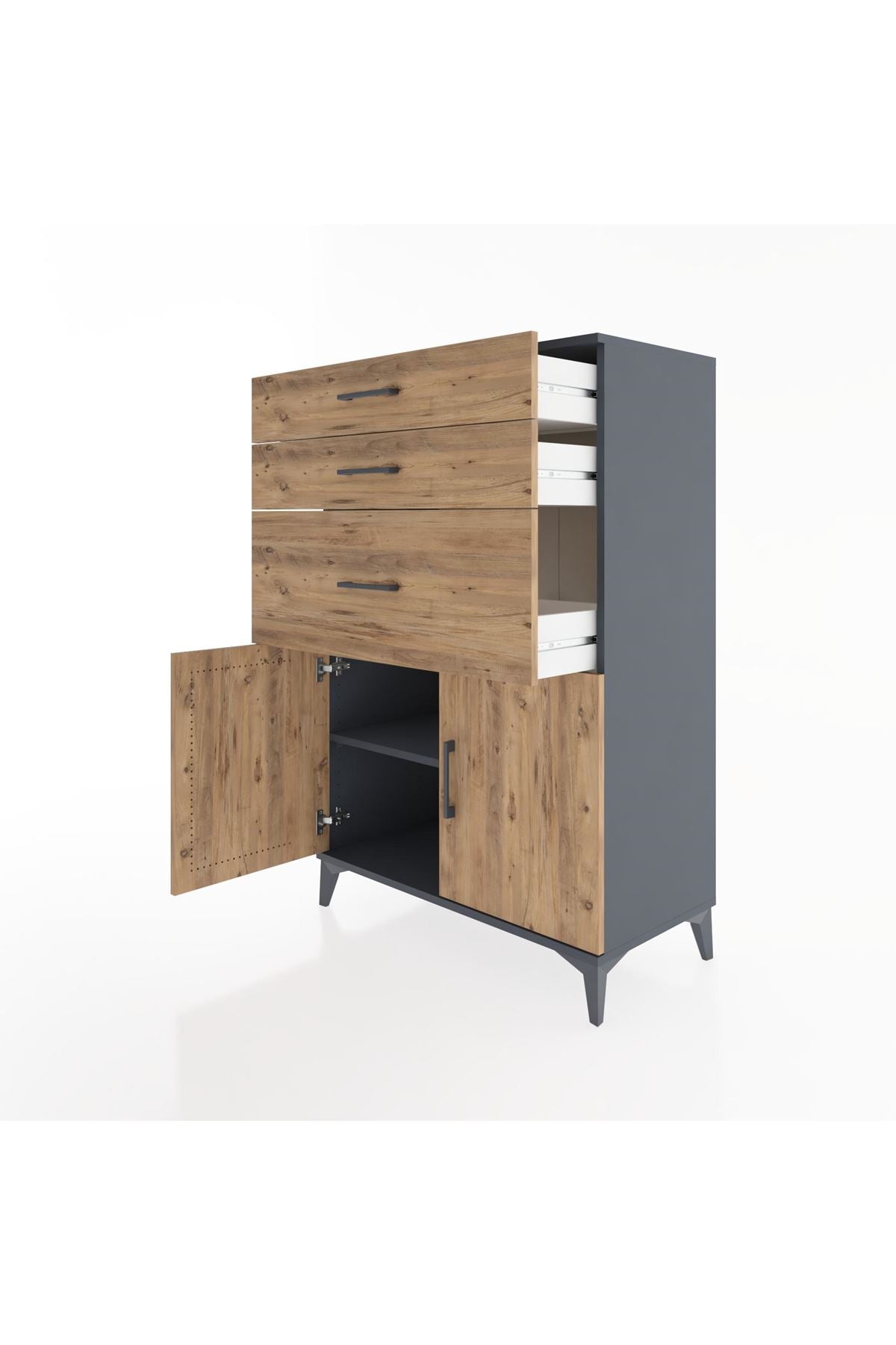 Hyperion Dolap Tek Raflı 3 Çekmeceli 2 Kapaklı 88x44x134 Antrasit-Çam