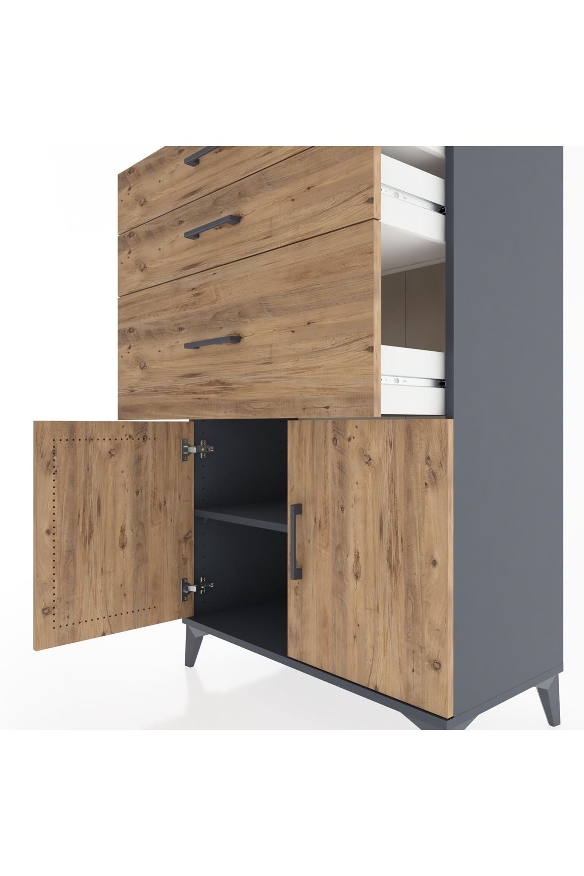 Hyperion Dolap Tek Raflı 3 Çekmeceli 2 Kapaklı 88x44x134 Antrasit-Çam