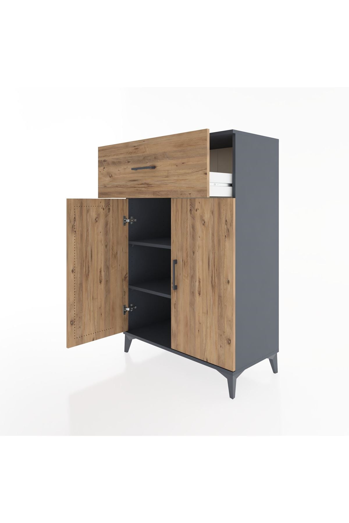 Hyperion Dolap 2 Raflı Tek Çekmeceli 2 Kapaklı 88x44x134 Antrasit-Çam