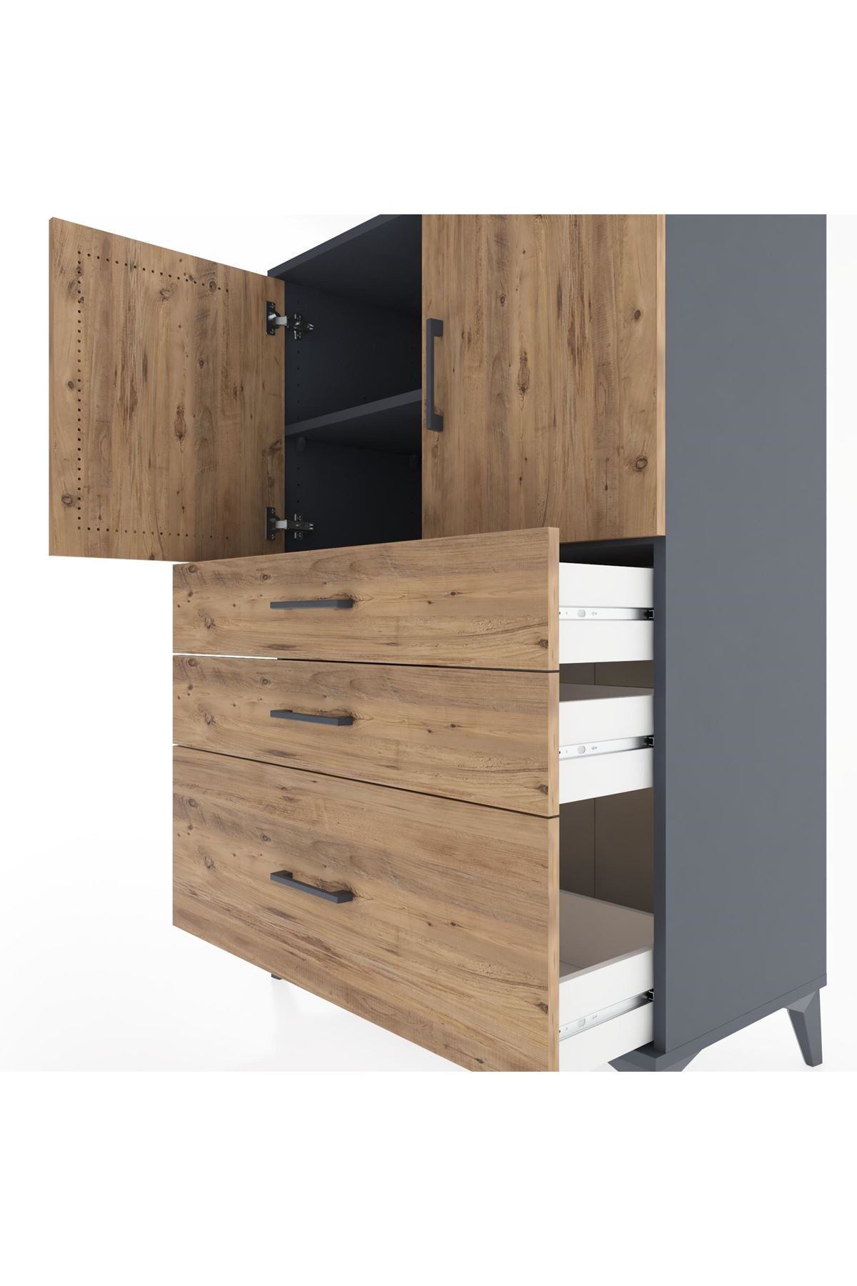 Hyperion Dolap 2 Raflı 3 Çekmeceli 2 Kapaklı 88x44x134 Antrasit-Çam