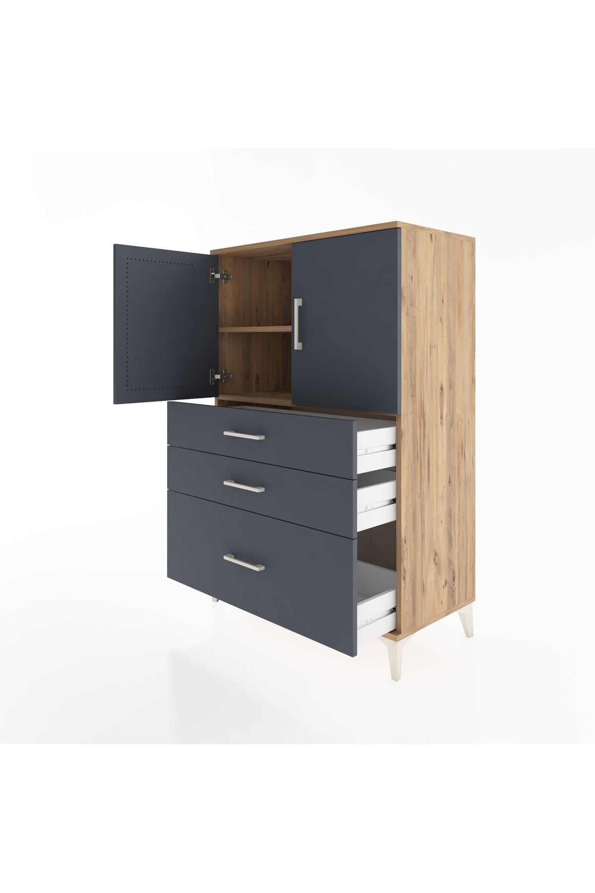 Hyperion Dolap 2 Raflı 3 Çekmeceli 2 Kapaklı 88x44x134 Çam-Antrasit