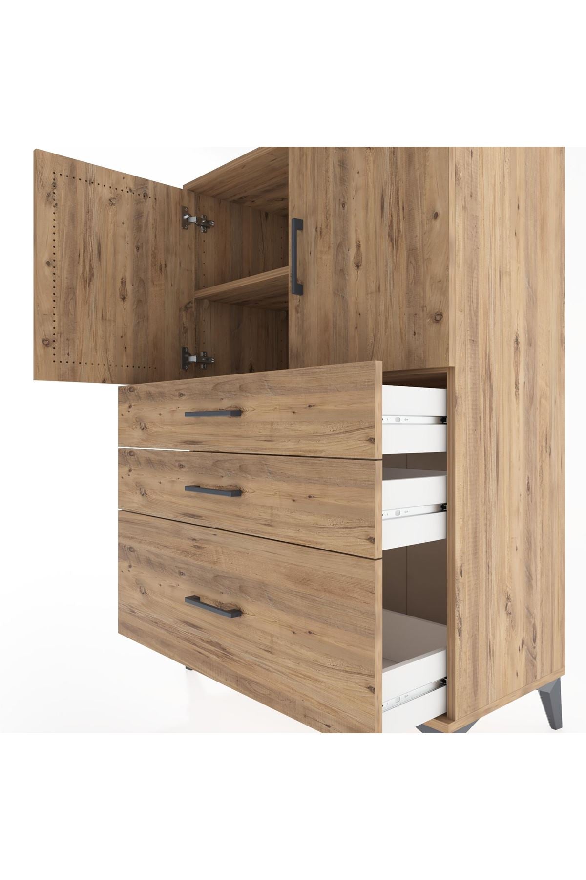 Hyperion Dolap 2 Raflı 3 Çekmeceli 2 Kapaklı 88x44x134 Çam-Çam