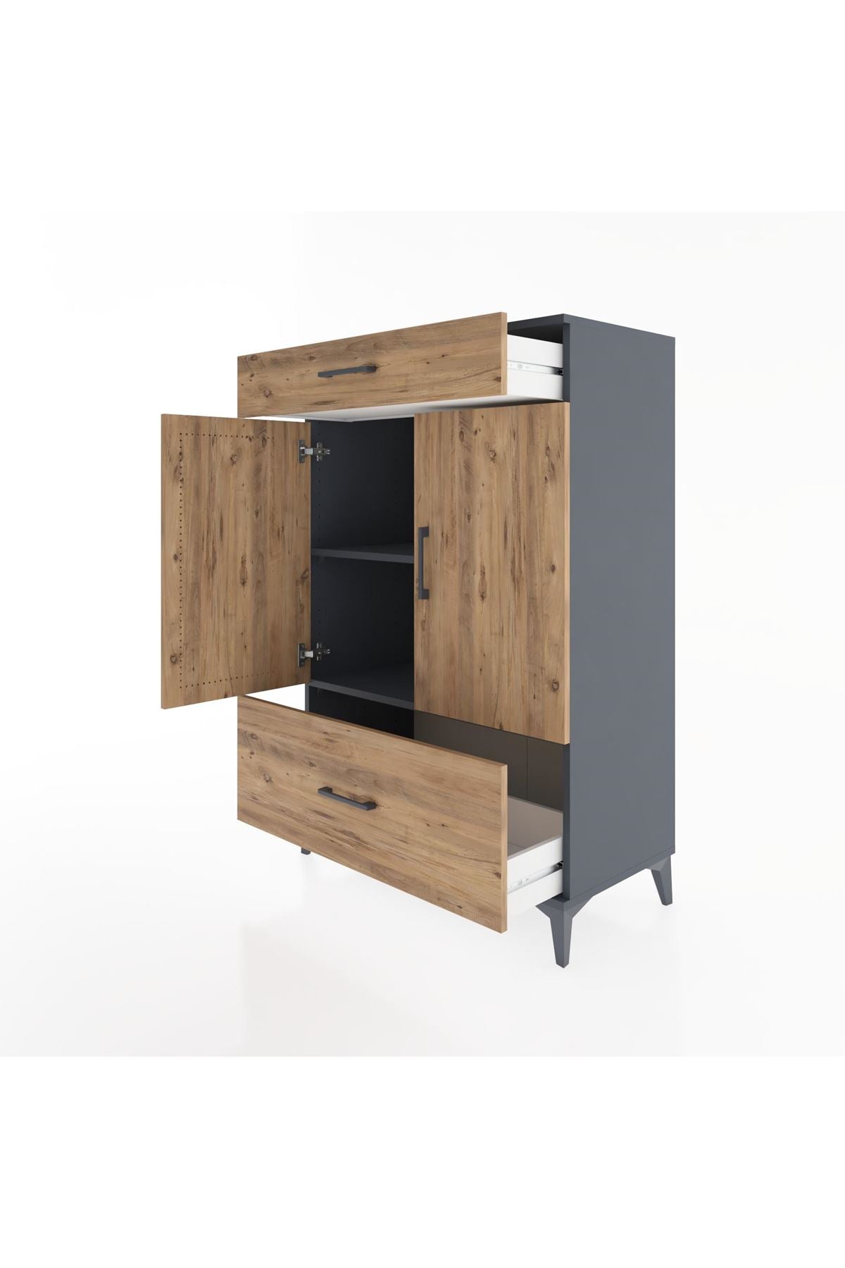 Hyperion Dolap 2 Raflı 2 Çekmeceli 2 Kapaklı 88x44x134 Antrasit-Çam