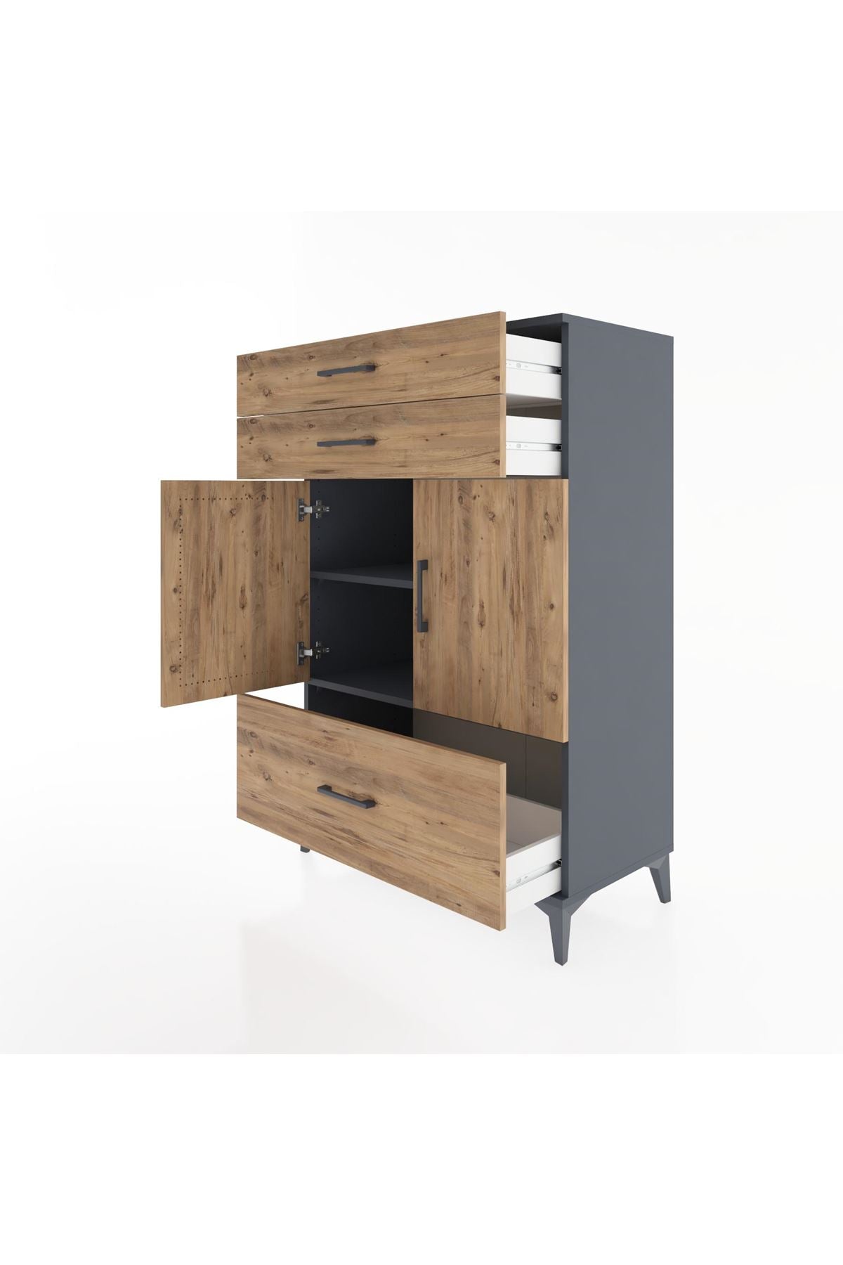 Hyperion Dolap 2 Raflı 3 Çekmeceli 2 Kapaklı 88x44x134 Antrasit-Çam