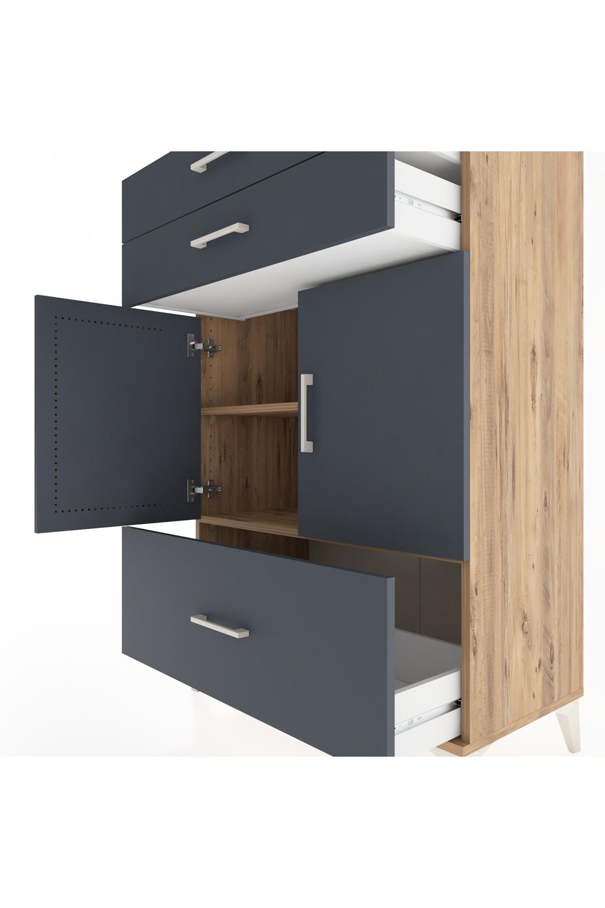 Hyperion Dolap 2 Raflı 3 Çekmeceli 2 Kapaklı 88x44x134 Çam-Antrasit