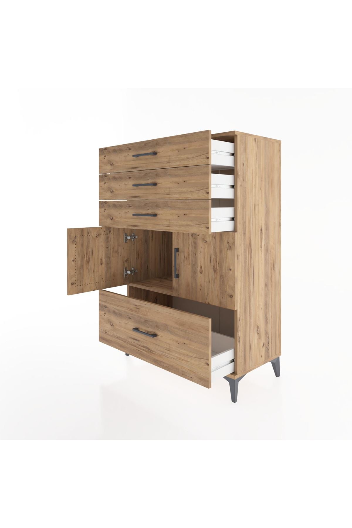 Hyperion Dolap Tek Raflı 4 Çekmeceli 2 Kapaklı 88x44x134 Çam-Çam