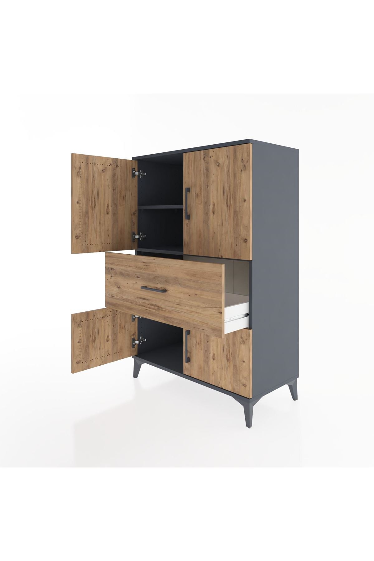 Hyperion Dolap 2 Raflı Tek Çekmeceli 4 Kapaklı 88x44x134 Antrasit-Çam