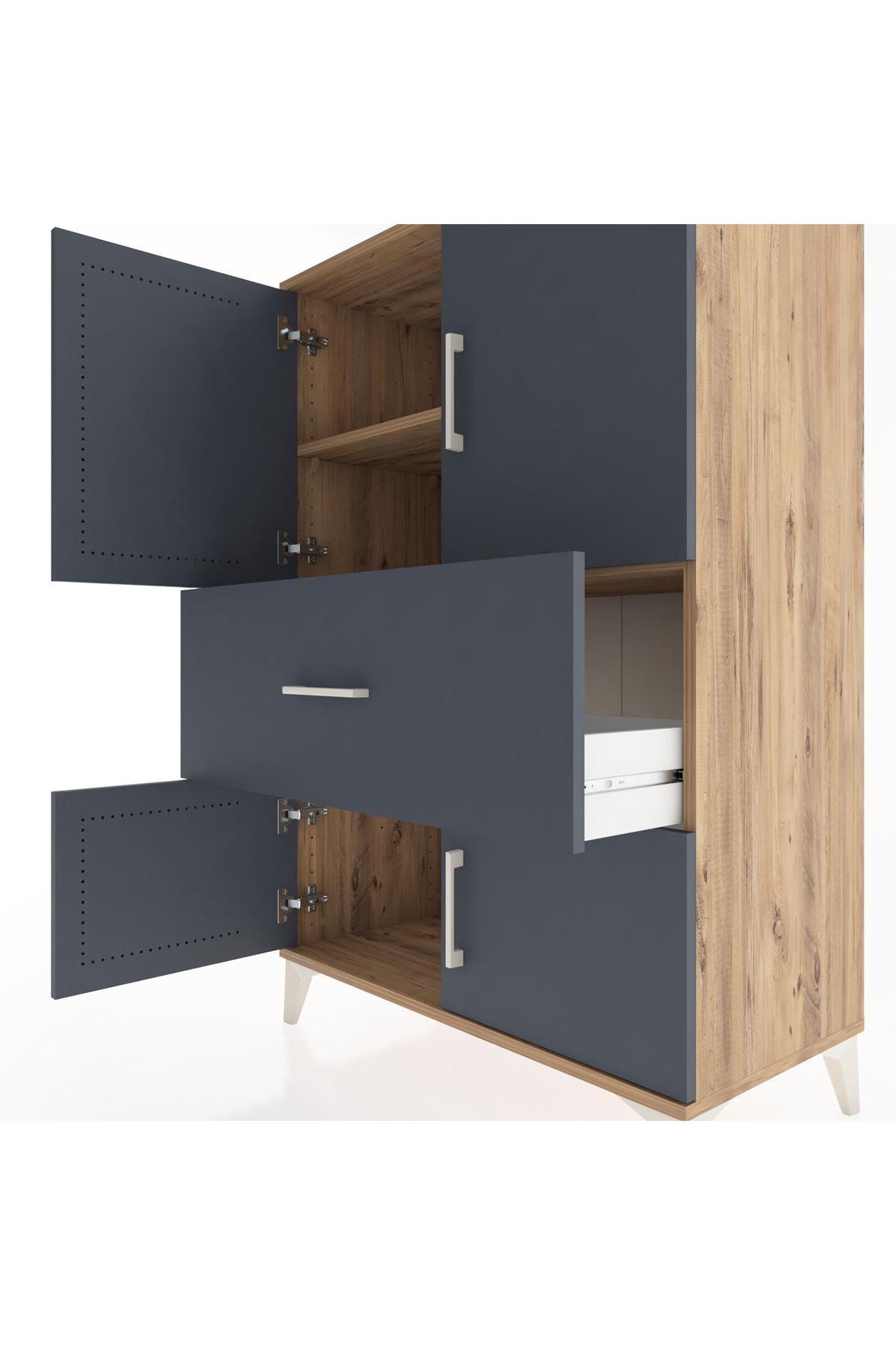 Hyperion Dolap 2 Raflı Tek Çekmeceli 4 Kapaklı 88x44x134 Çam-Antrasit