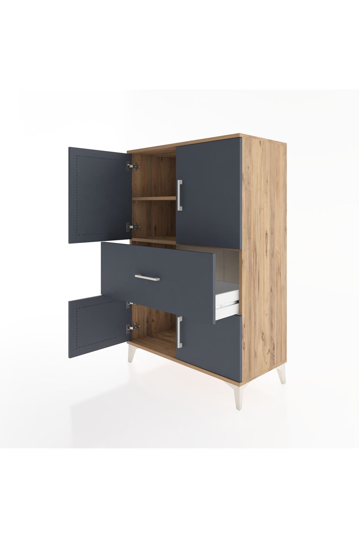 Hyperion Dolap 2 Raflı Tek Çekmeceli 4 Kapaklı 88x44x134 Çam-Antrasit