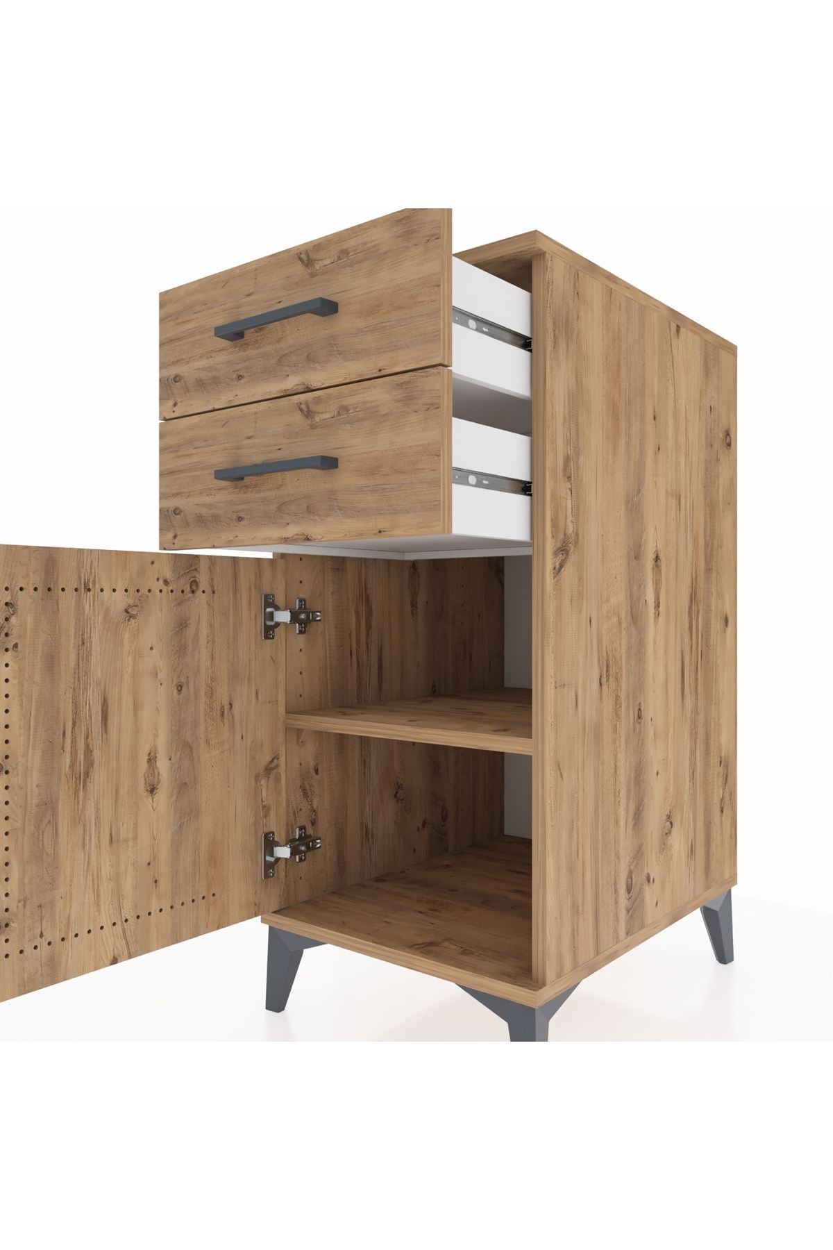 Kronos Komodin Tek Raflı 2 Çekmeceli Tek Kapaklı 44x59x96 Çam-Çam