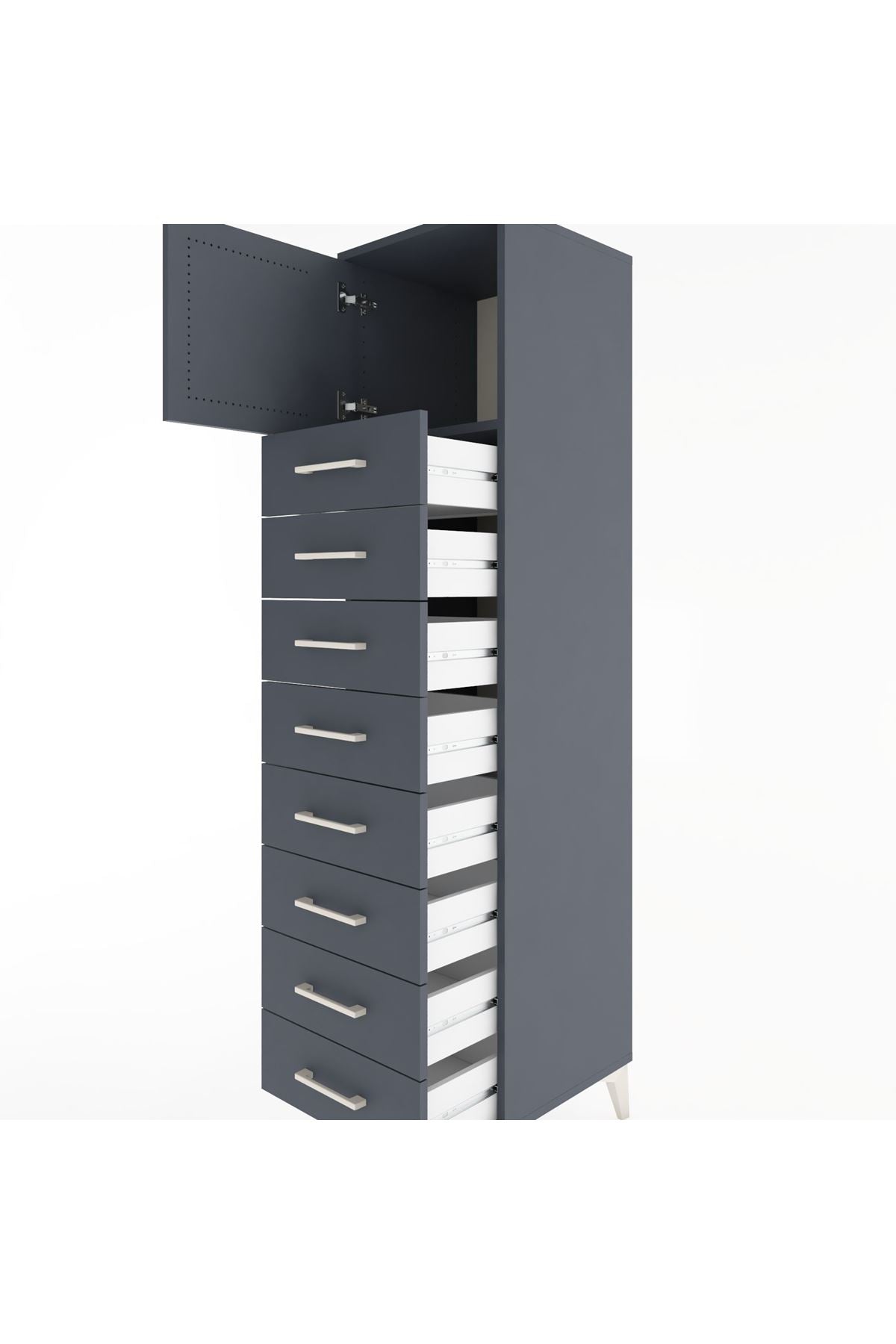 Hyperion Dolap Tek Raflı 8 Çekmeceli Tek Kapaklı 44x44x182 Antrasit-Antrasit