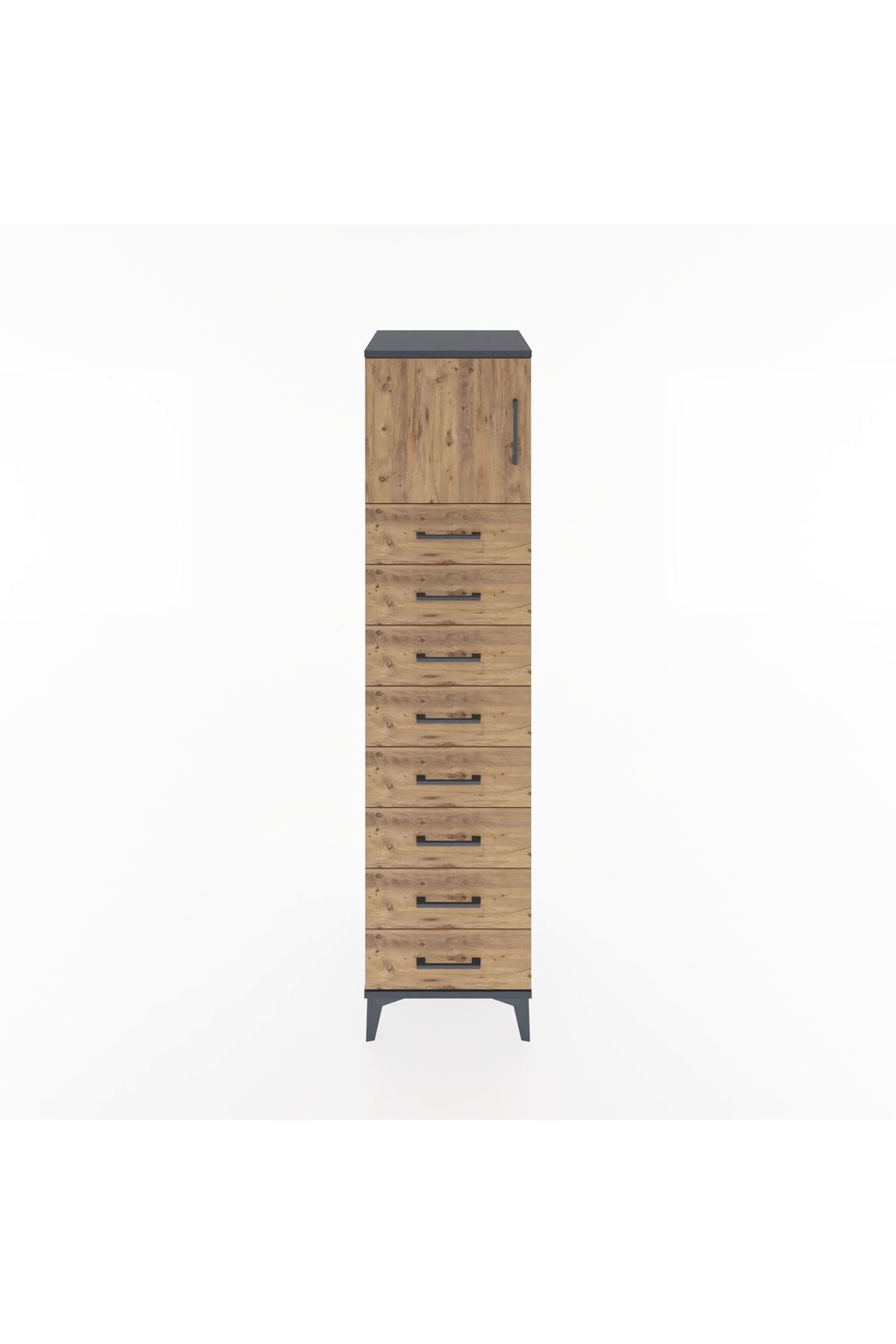 Hyperion Dolap Tek Raflı 8 Çekmeceli Tek Kapaklı 44x44x182 Antrasit-Çam