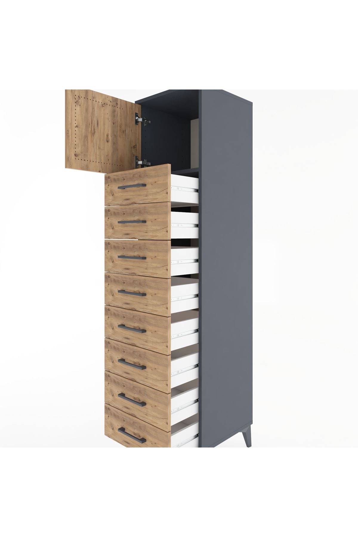 Hyperion Dolap Tek Raflı 8 Çekmeceli Tek Kapaklı 44x44x182 Antrasit-Çam