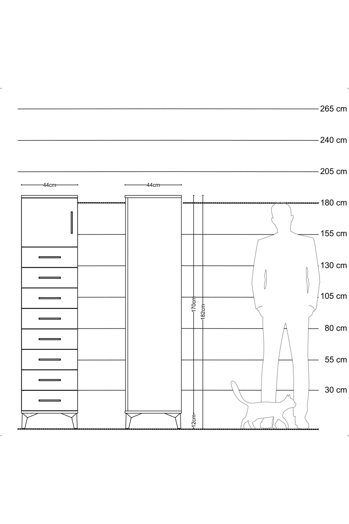 Hyperion Dolap Tek Raflı 8 Çekmeceli Tek Kapaklı 44x44x182 Antrasit-Çam