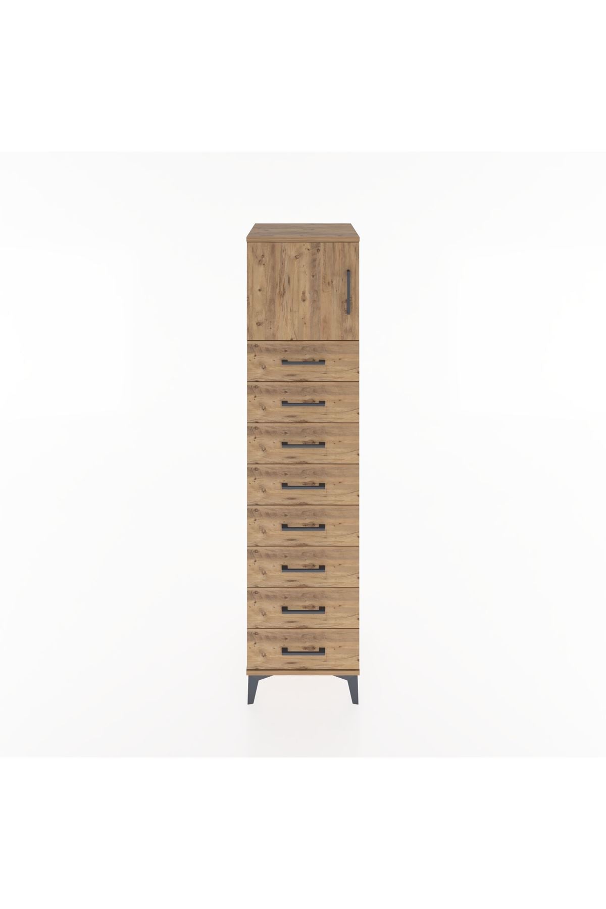 Hyperion Dolap Tek Raflı 8 Çekmeceli Tek Kapaklı 44x44x182 Çam-Çam