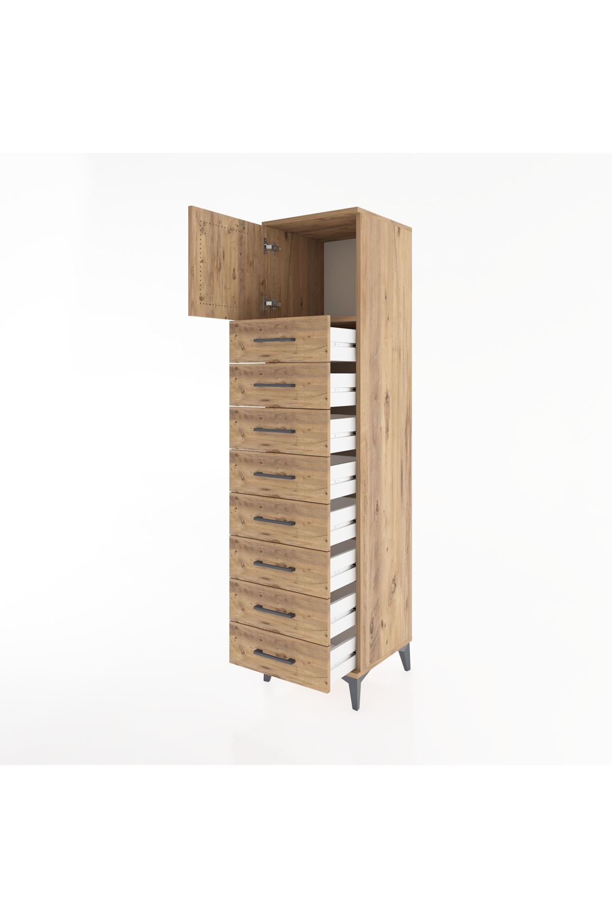 Hyperion Dolap Tek Raflı 8 Çekmeceli Tek Kapaklı 44x44x182 Çam-Çam