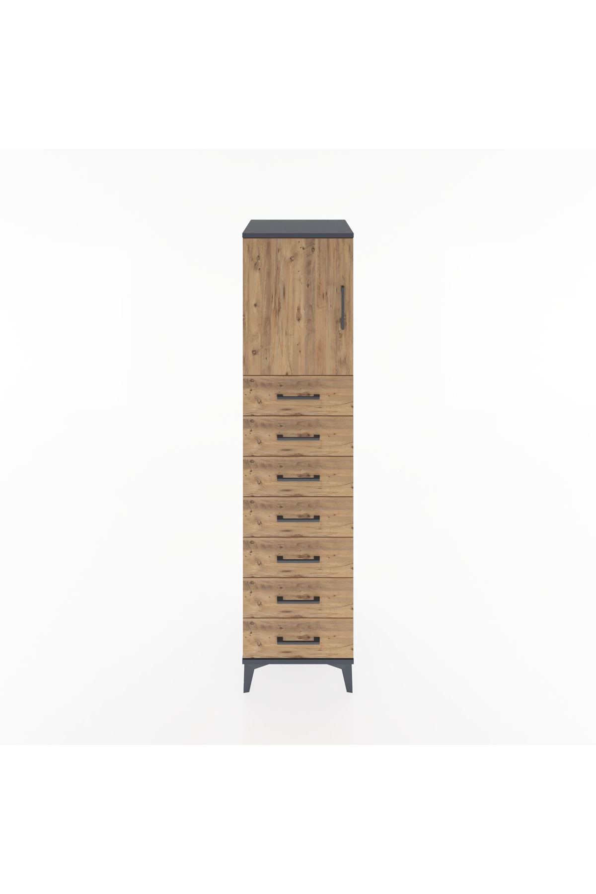 Hyperion Dolap Tek Raflı 7 Çekmeceli Tek Kapaklı 44x44x182 Antrasit-Çam