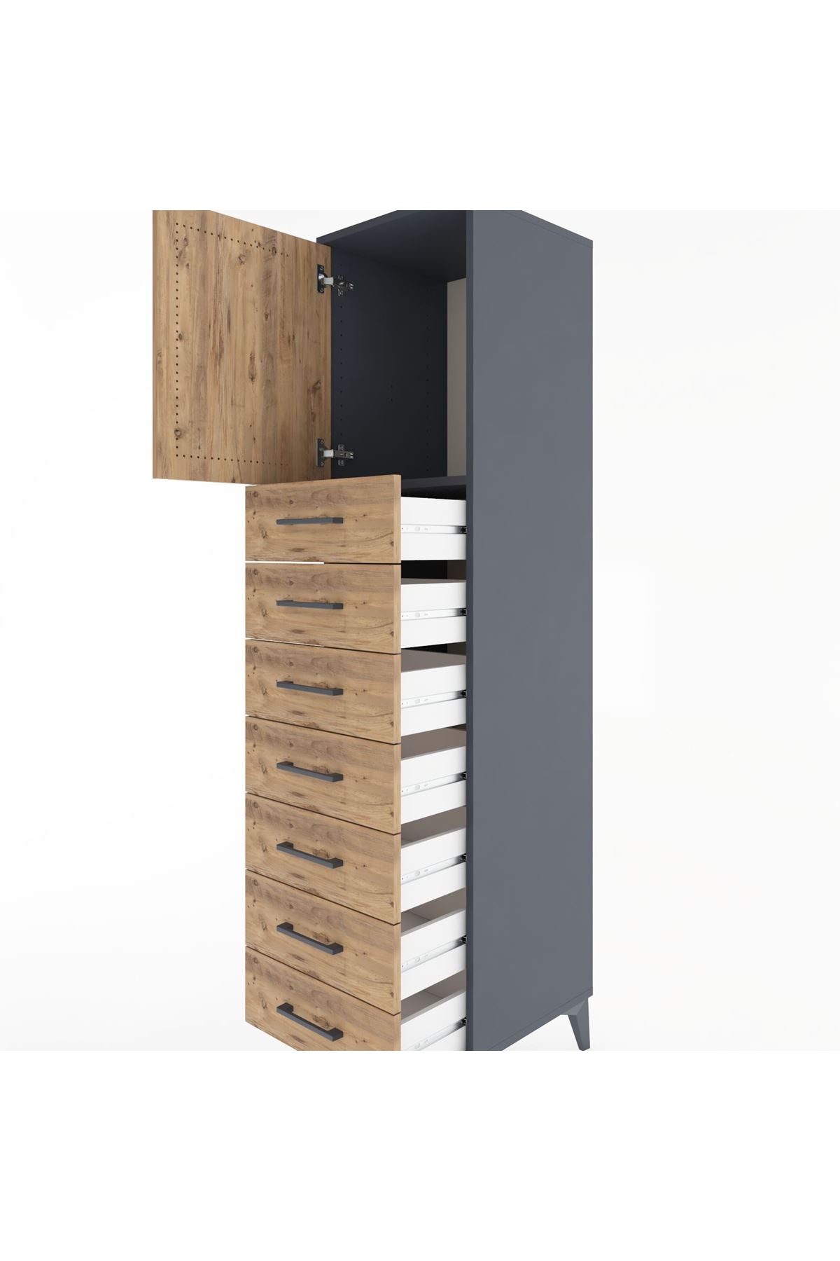 Hyperion Dolap Tek Raflı 7 Çekmeceli Tek Kapaklı 44x44x182 Antrasit-Çam