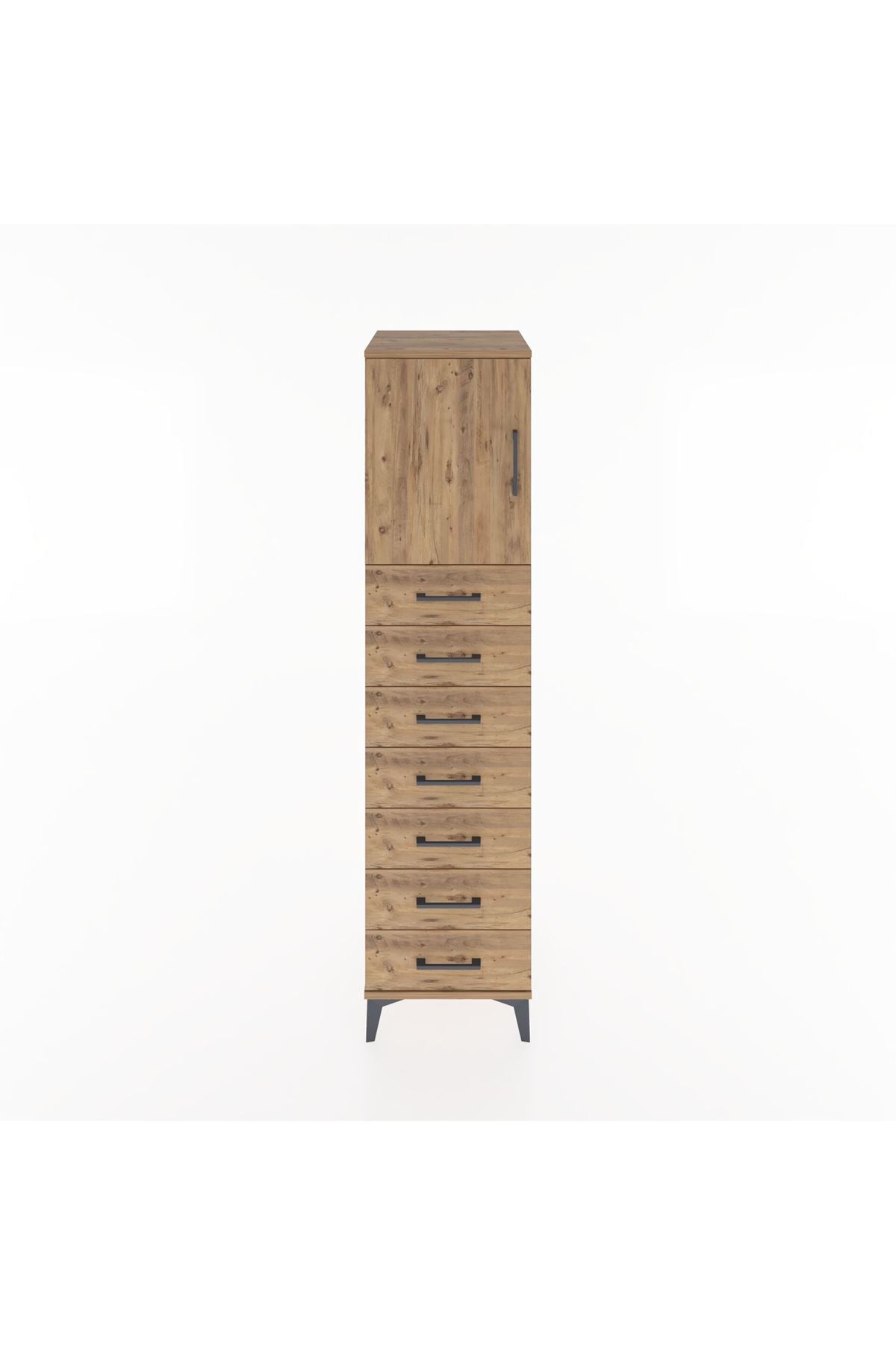 Hyperion Dolap Tek Raflı 7 Çekmeceli Tek Kapaklı 44x44x182 Çam-Çam