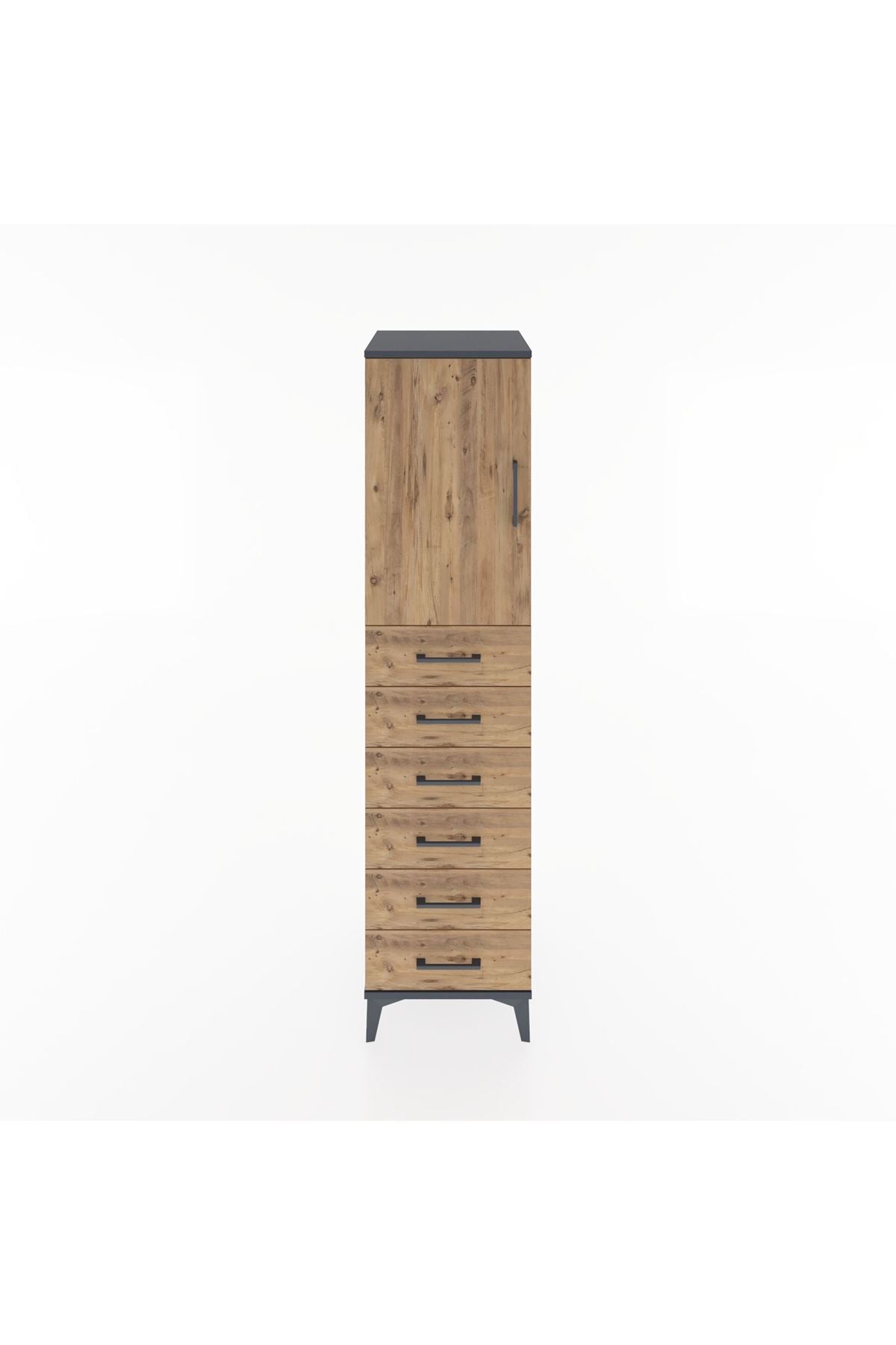 Hyperion Dolap Tek Raflı 6 Çekmeceli Tek Kapaklı 44x44x182 Antrasit-Çam