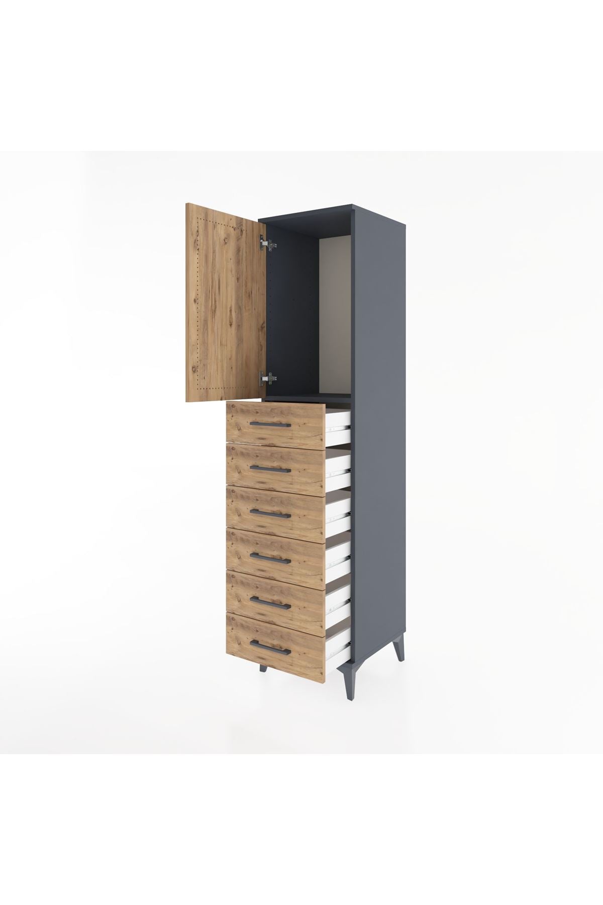 Hyperion Dolap Tek Raflı 6 Çekmeceli Tek Kapaklı 44x44x182 Antrasit-Çam