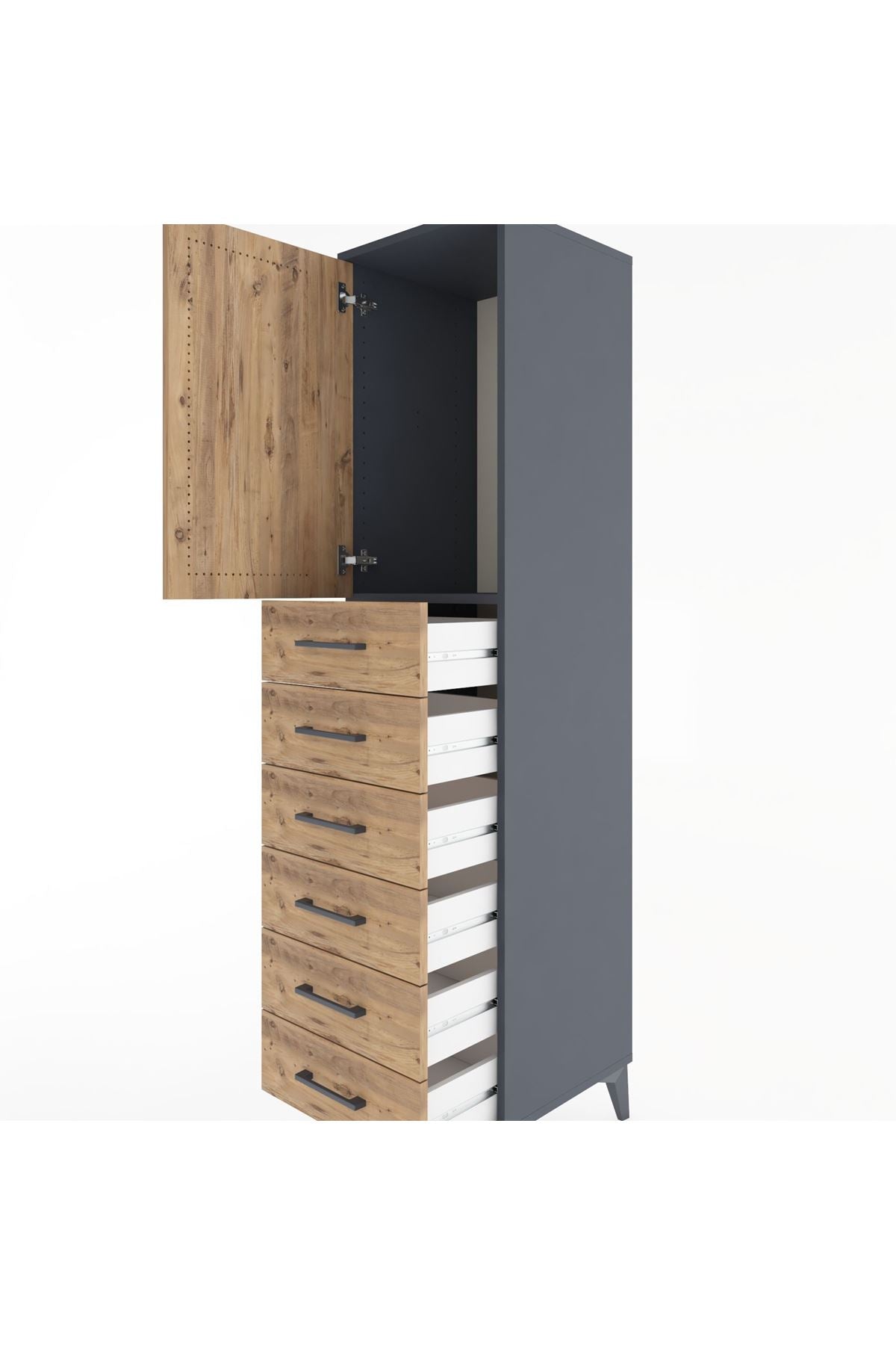 Hyperion Dolap Tek Raflı 6 Çekmeceli Tek Kapaklı 44x44x182 Antrasit-Çam