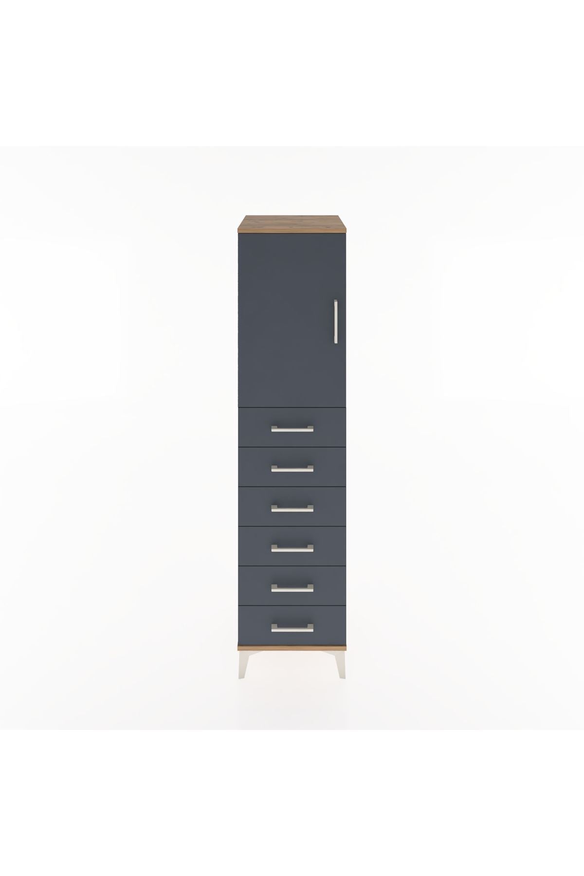 Hyperion Dolap Tek Raflı 6 Çekmeceli Tek Kapaklı 44x44x182 Çam-Antrasit