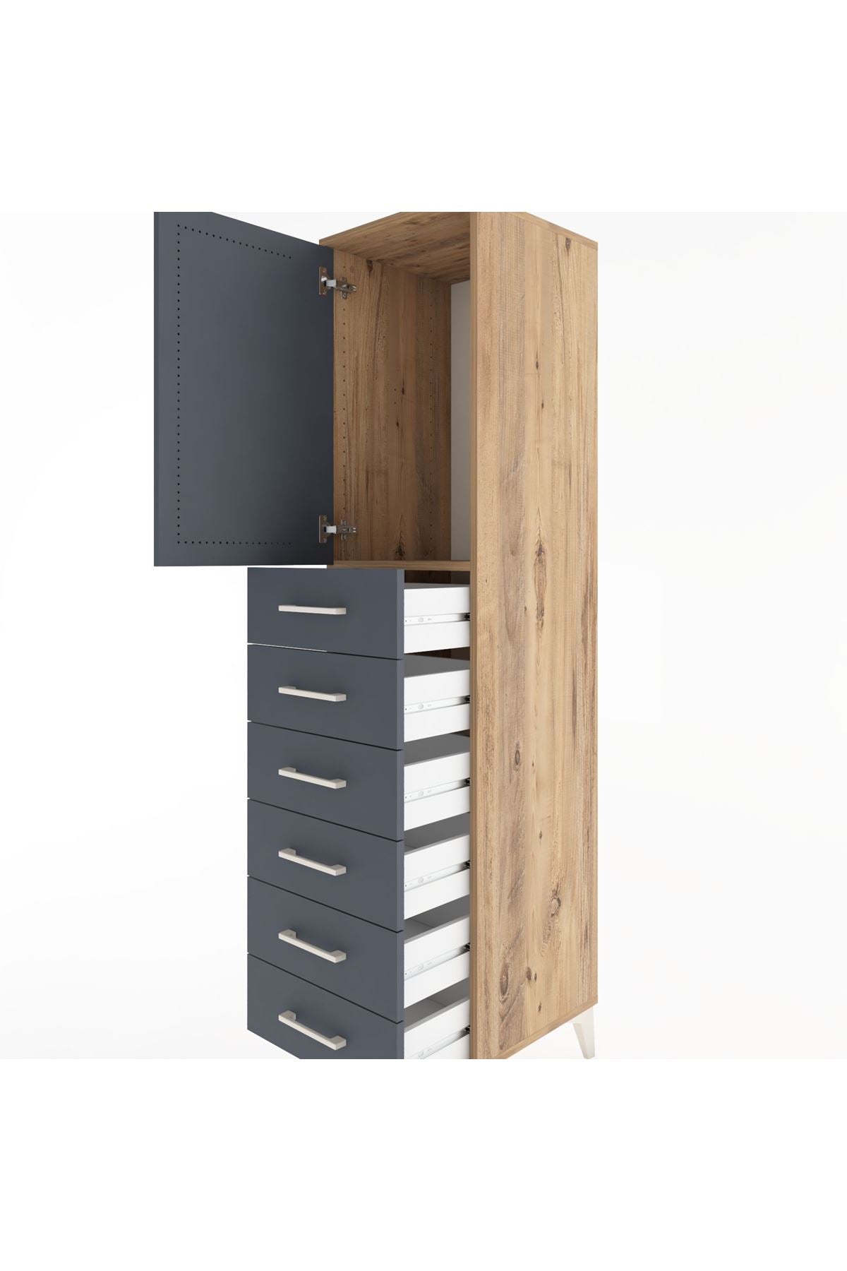 Hyperion Dolap Tek Raflı 6 Çekmeceli Tek Kapaklı 44x44x182 Çam-Antrasit