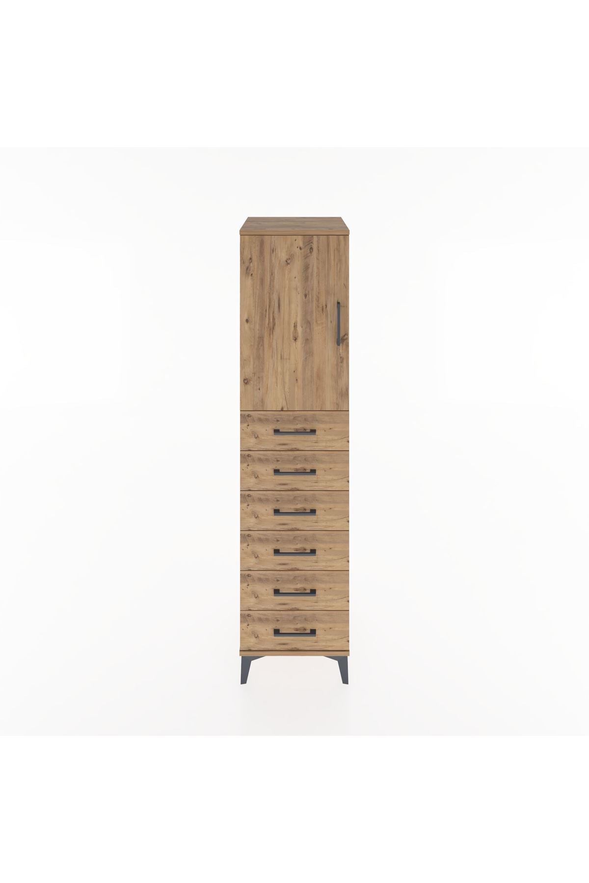 Hyperion Dolap Tek Raflı 6 Çekmeceli Tek Kapaklı 44x44x182 Çam-Çam