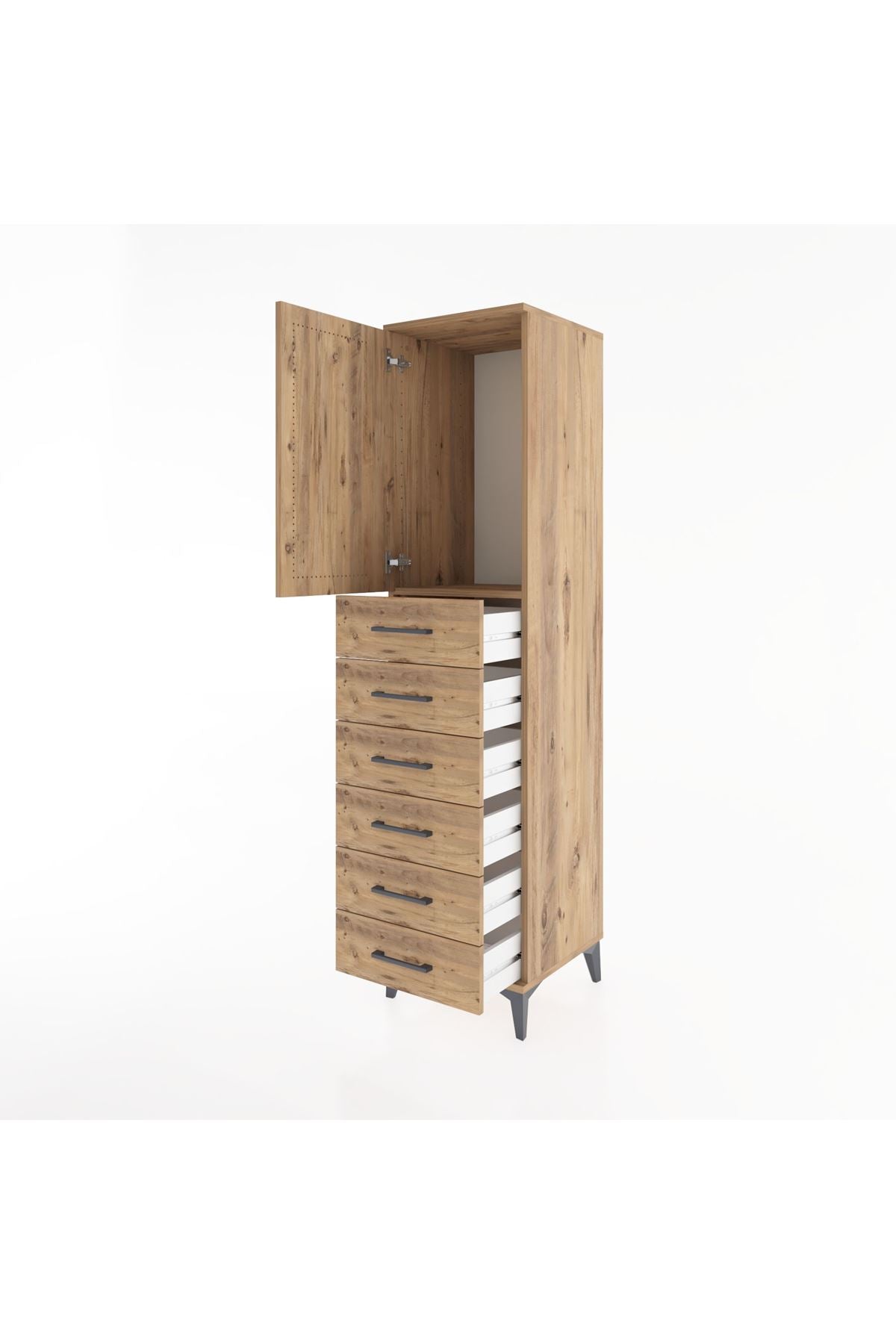 Hyperion Dolap Tek Raflı 6 Çekmeceli Tek Kapaklı 44x44x182 Çam-Çam