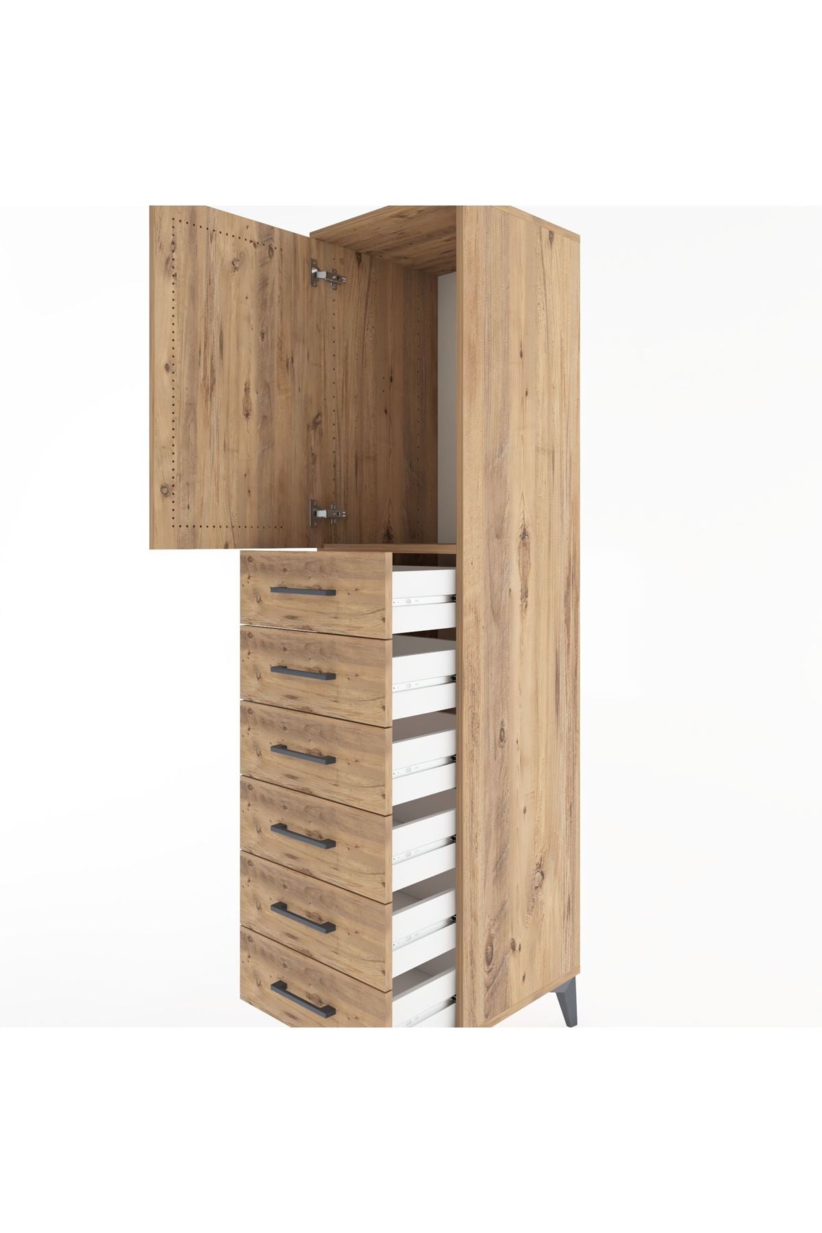 Hyperion Dolap Tek Raflı 6 Çekmeceli Tek Kapaklı 44x44x182 Çam-Çam