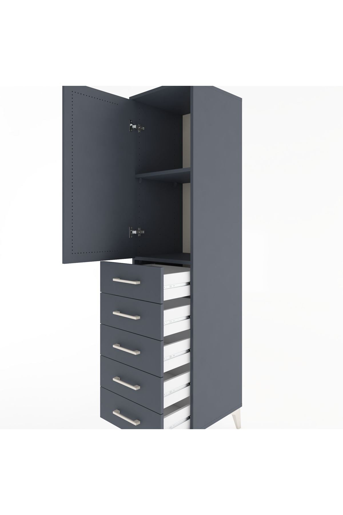 Hyperion Dolap 2 Raflı 5 Çekmeceli Tek Kapaklı 44x44x182 Antrasit-Antrasit