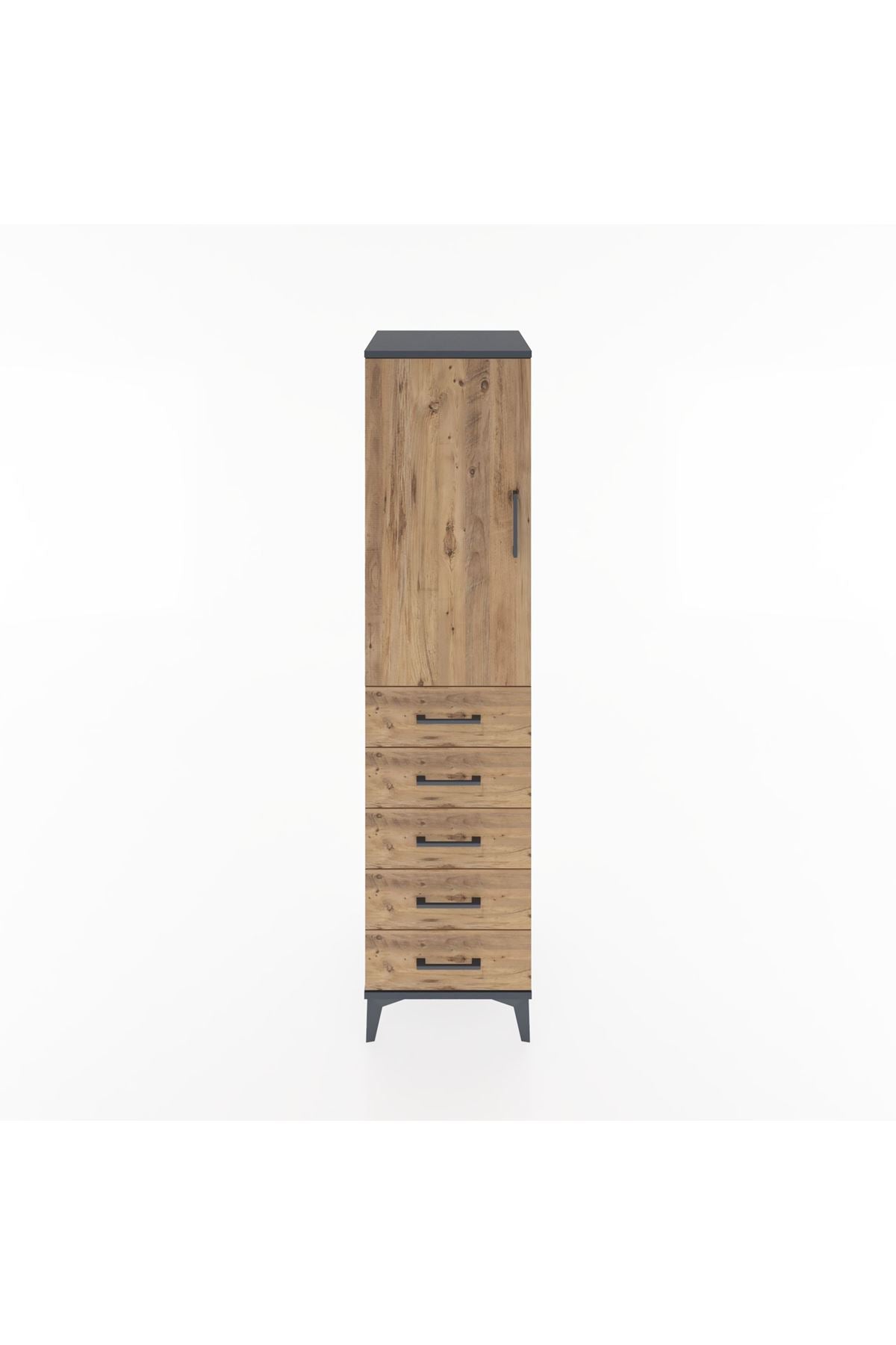 Hyperion Dolap 2 Raflı 5 Çekmeceli Tek Kapaklı 44x44x182 Antrasit-Çam