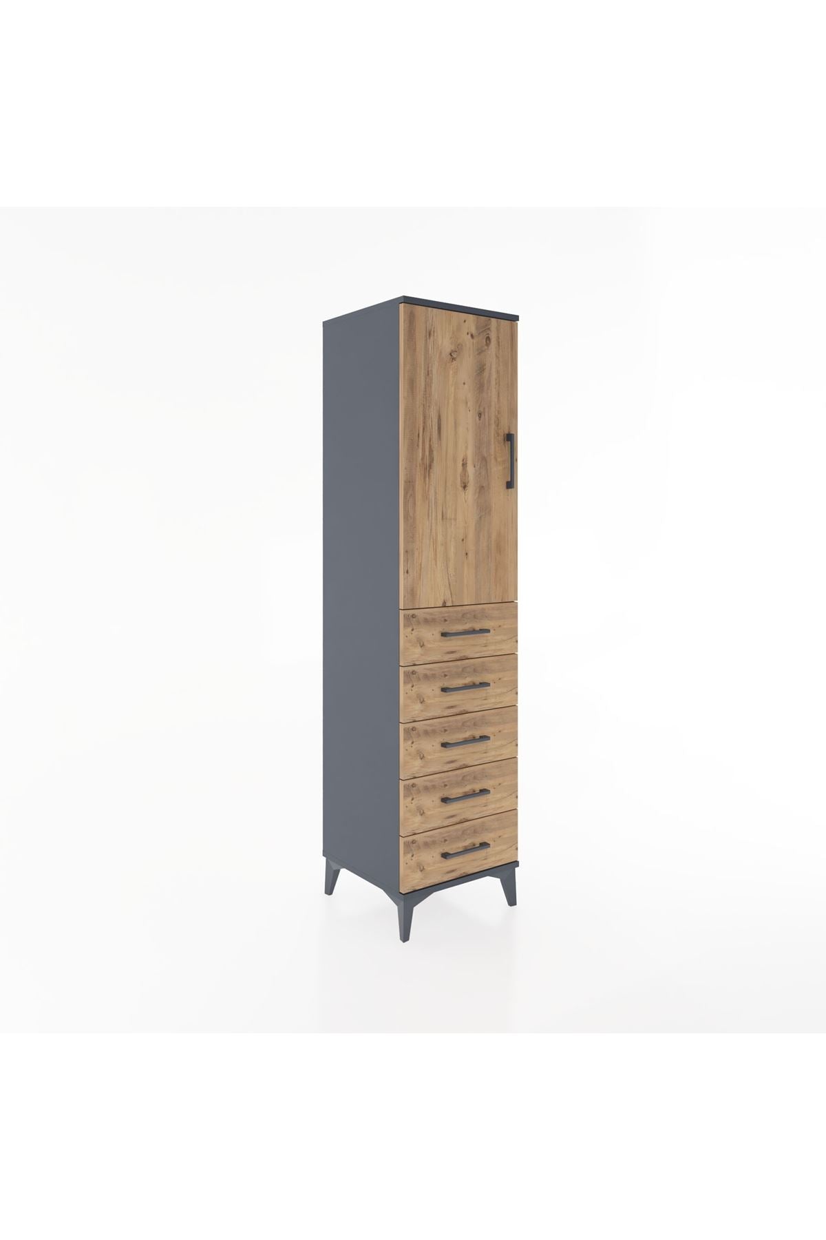 Hyperion Dolap 2 Raflı 5 Çekmeceli Tek Kapaklı 44x44x182 Antrasit-Çam