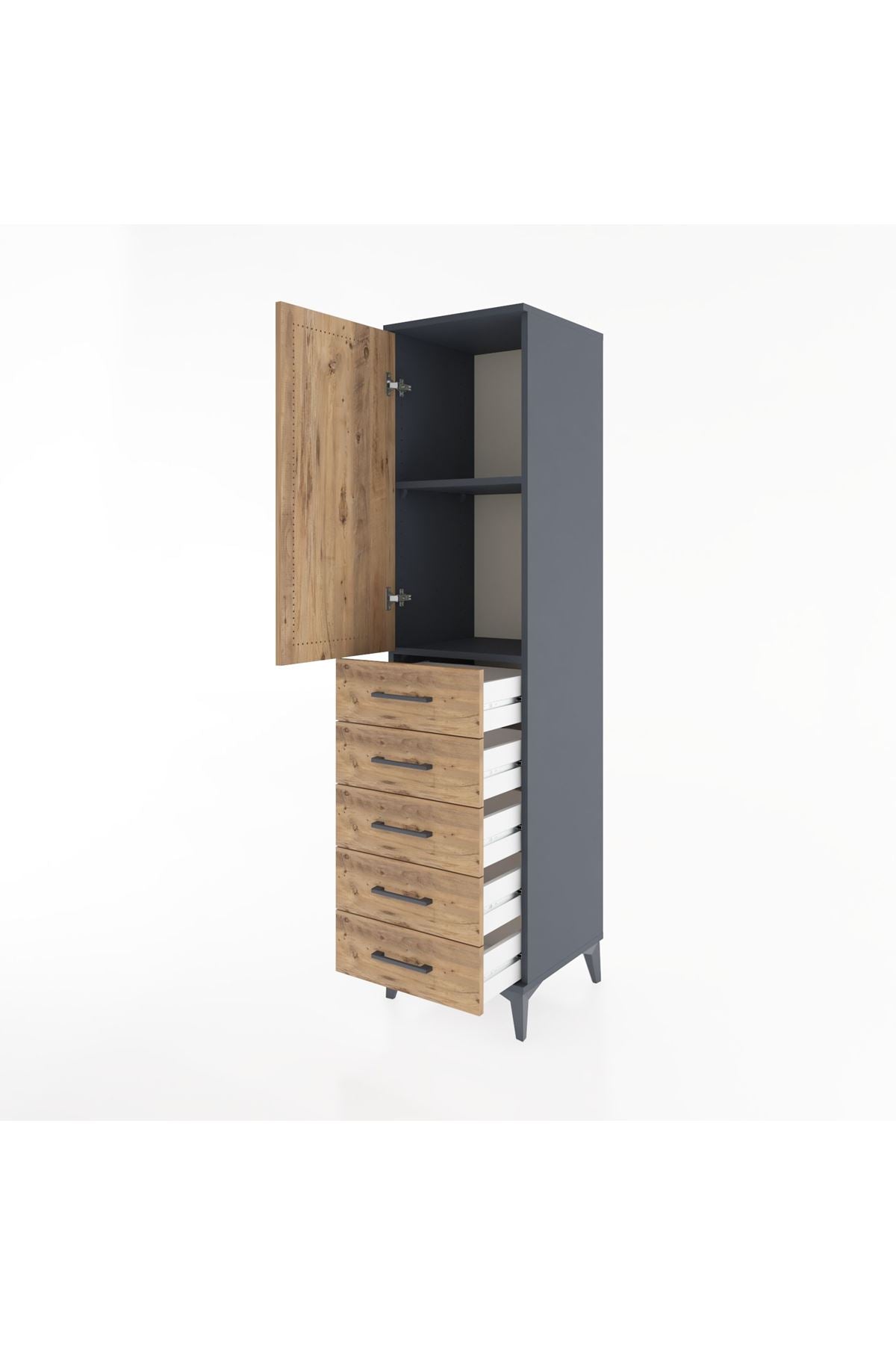 Hyperion Dolap 2 Raflı 5 Çekmeceli Tek Kapaklı 44x44x182 Antrasit-Çam