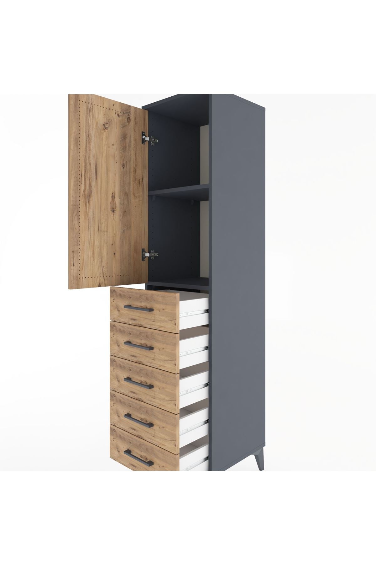 Hyperion Dolap 2 Raflı 5 Çekmeceli Tek Kapaklı 44x44x182 Antrasit-Çam